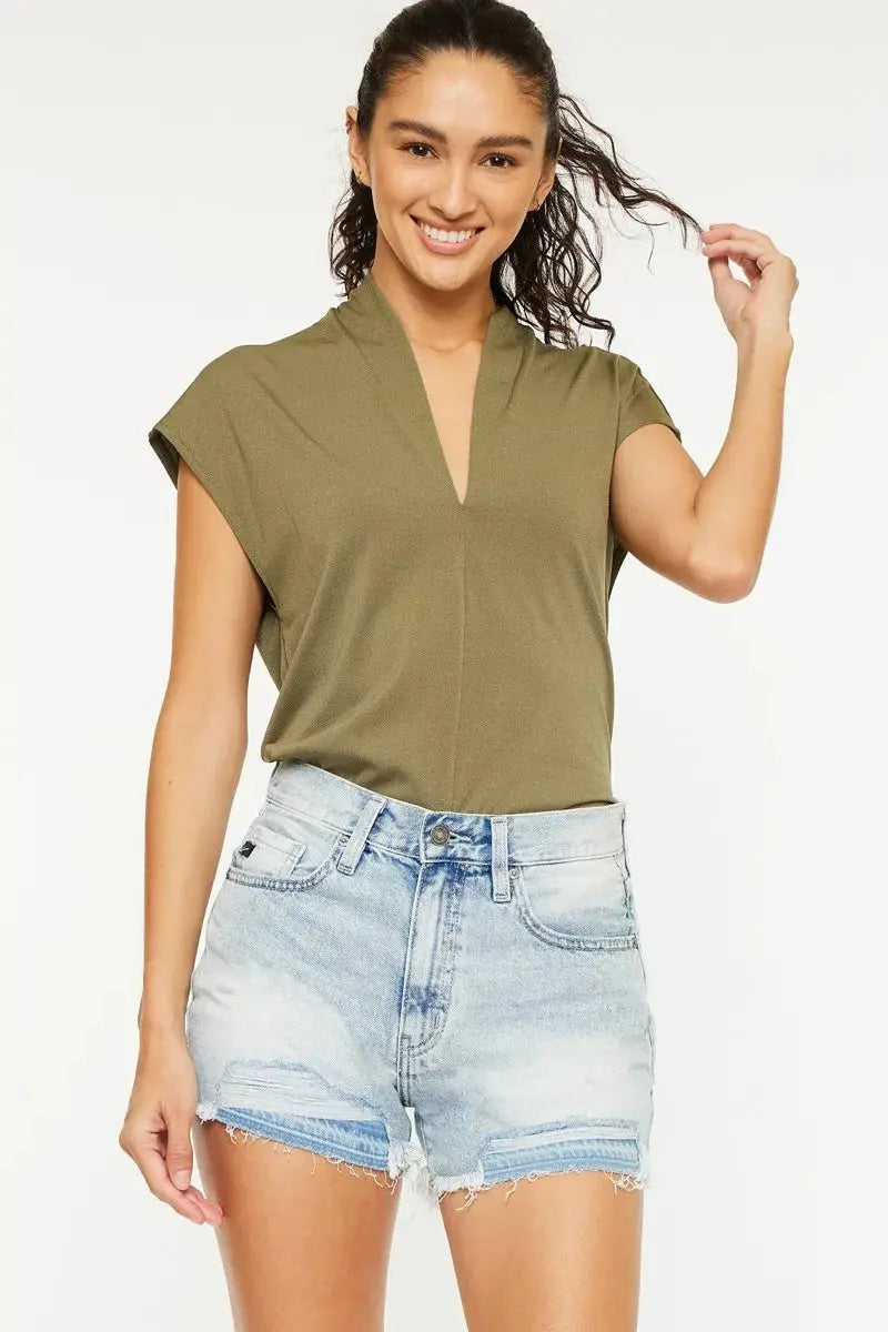 High Rise Raw Hem Kancan Denim Shorts - Light Wash - Be Bliss Boutique