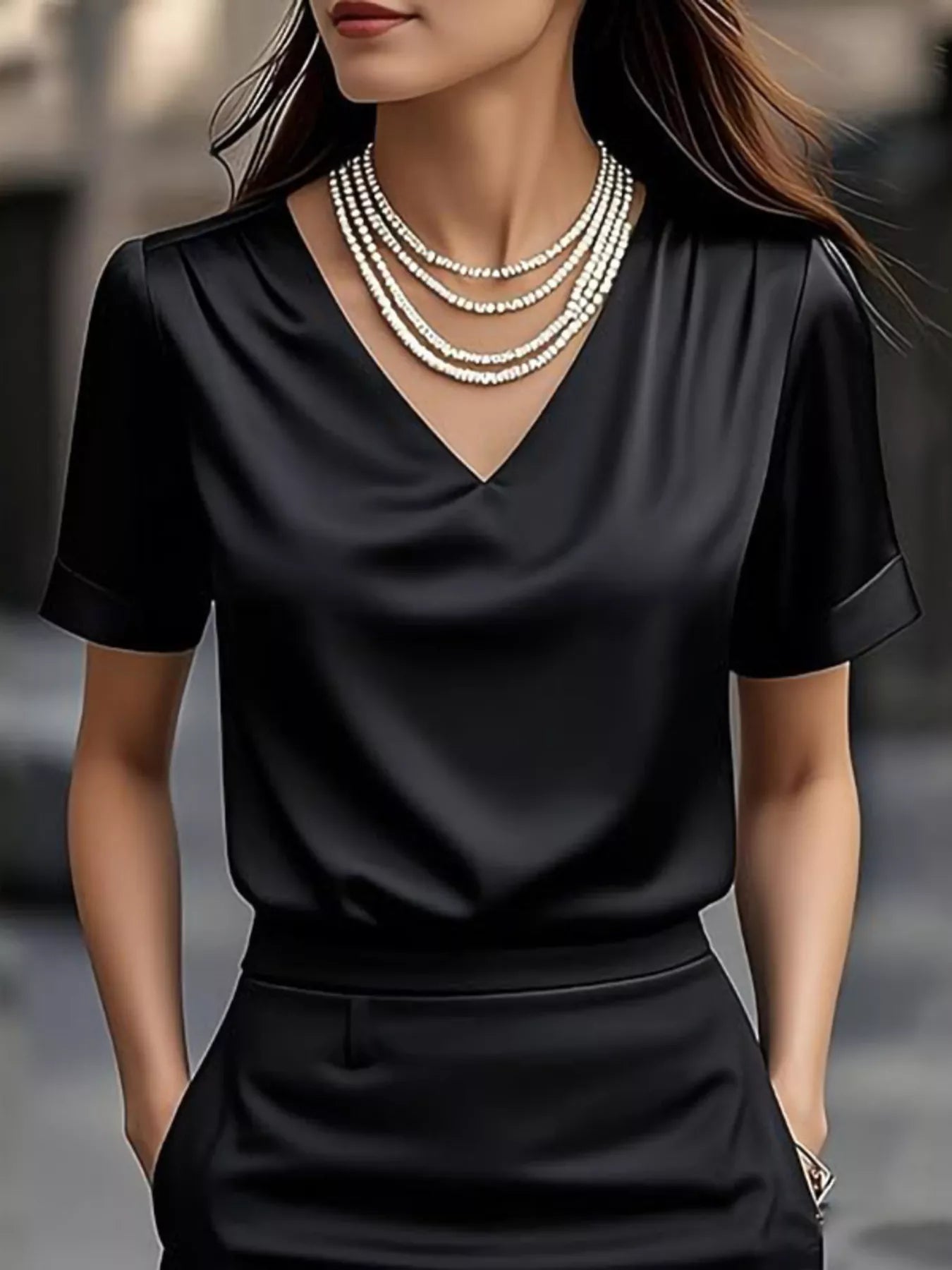 V-Neck Short Sleeve Satin Blouse - Be Bliss Boutique