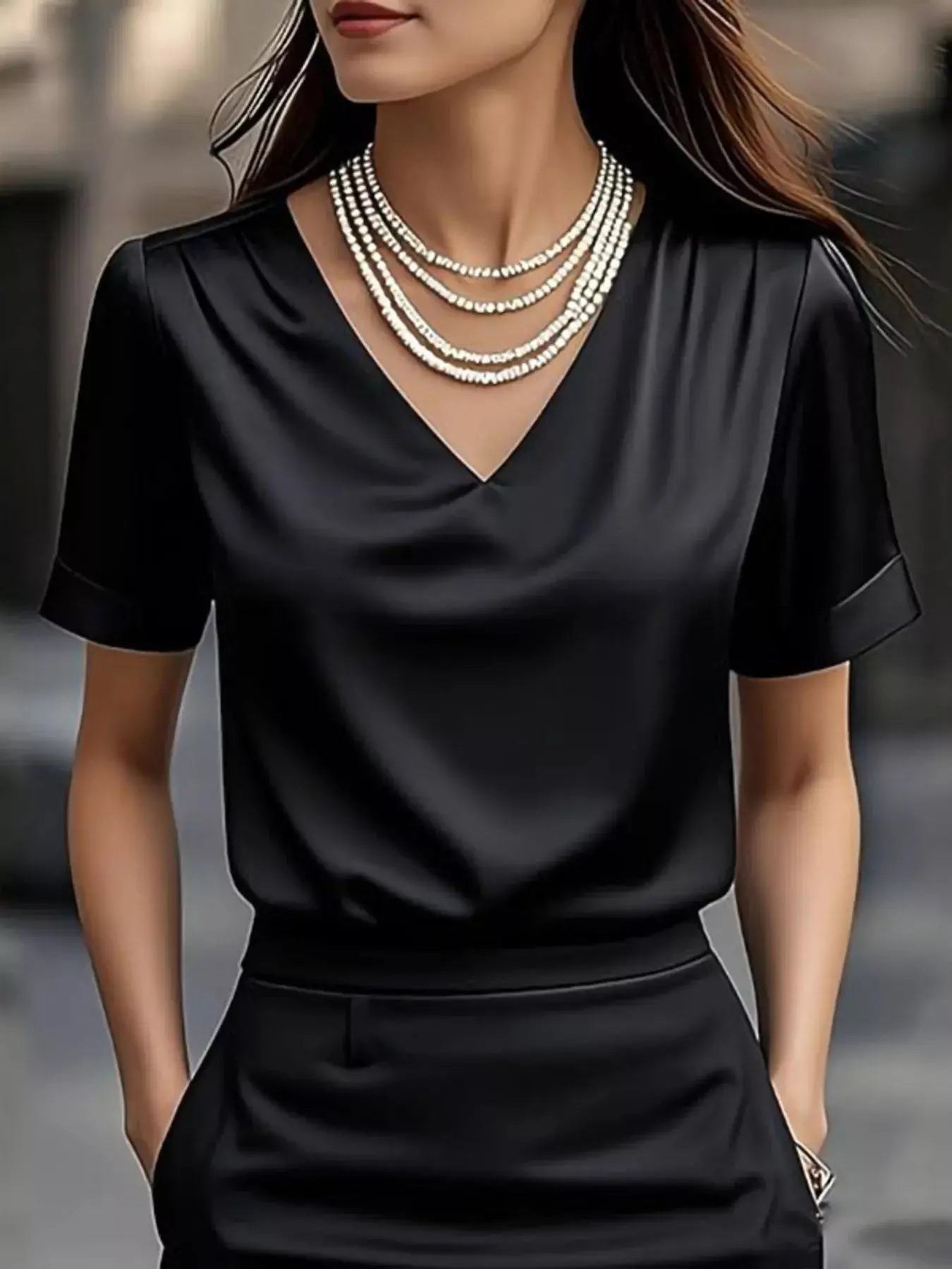 V-Neck Short Sleeve Satin Blouse - Be Bliss Boutique