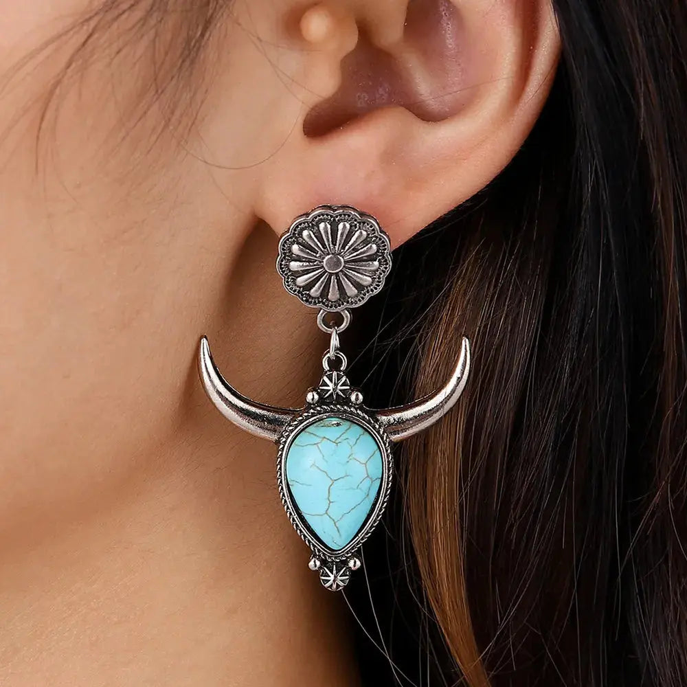 Western Cow Head Turquoise Statement Earrings - Be Bliss Boutique