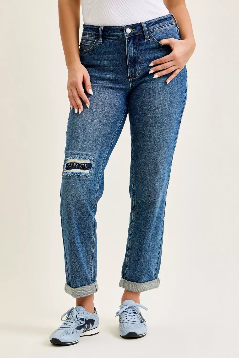 Judy Blue Mid Rise Boyfriend Embroidered Repair Patch Jeans - Be Bliss Boutique