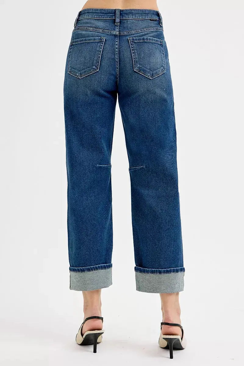 RISEN Jeans - Slouchy Crop Barrel Cuffed Jeans in Dark Wash - Be Bliss Boutique