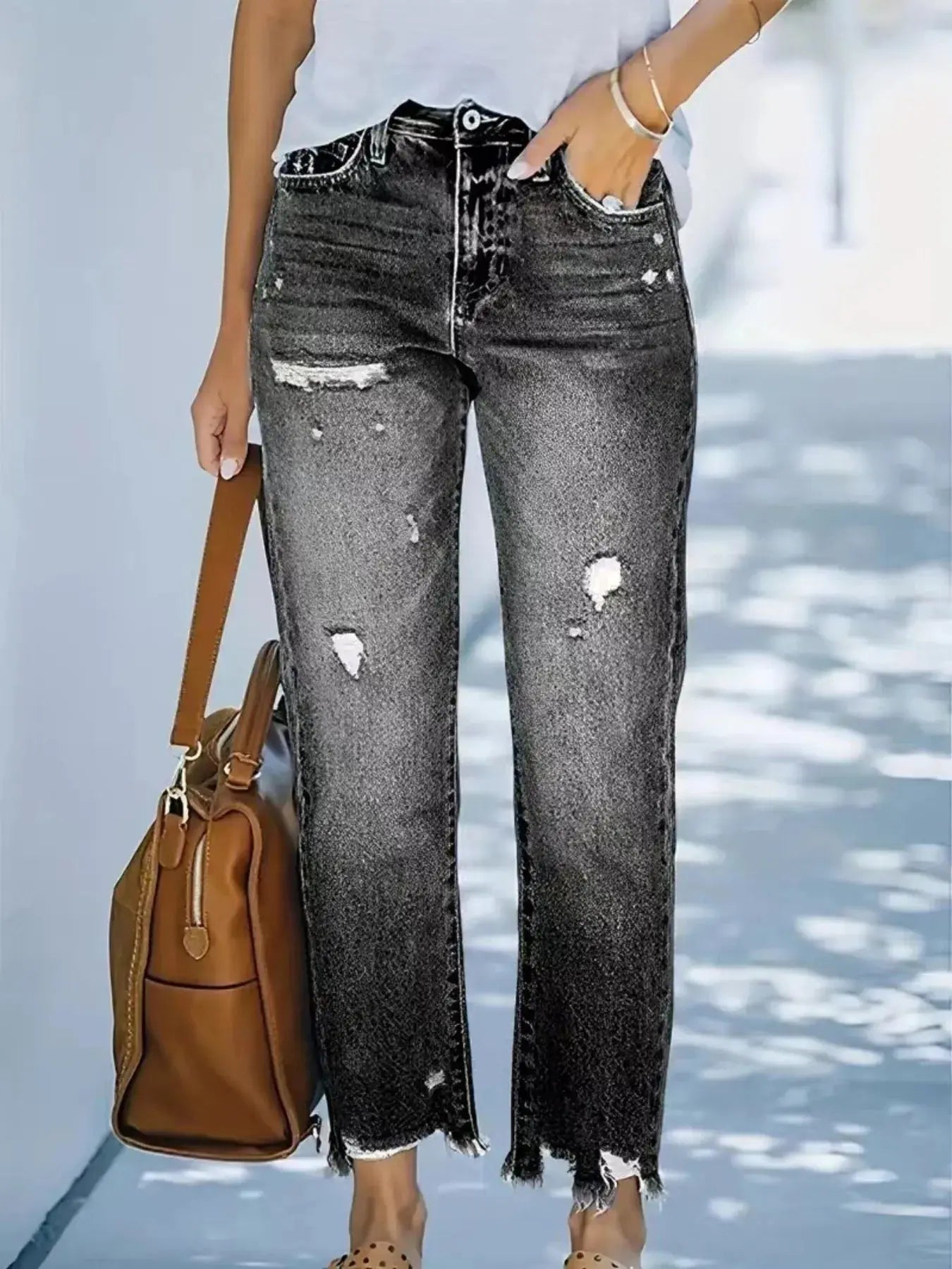 Distressed Straight Leg Jeans with Raw Hems - Be Bliss Boutique