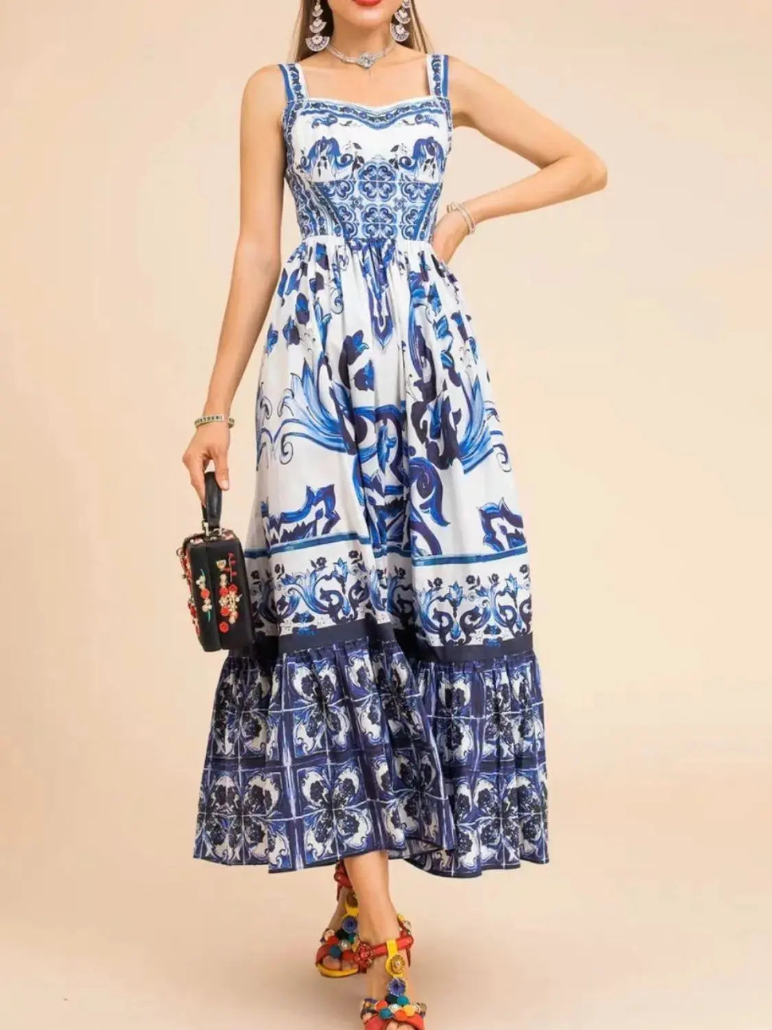 Smocked Blue Tile Print Wide Strap Midi Dress - Be Bliss Boutique