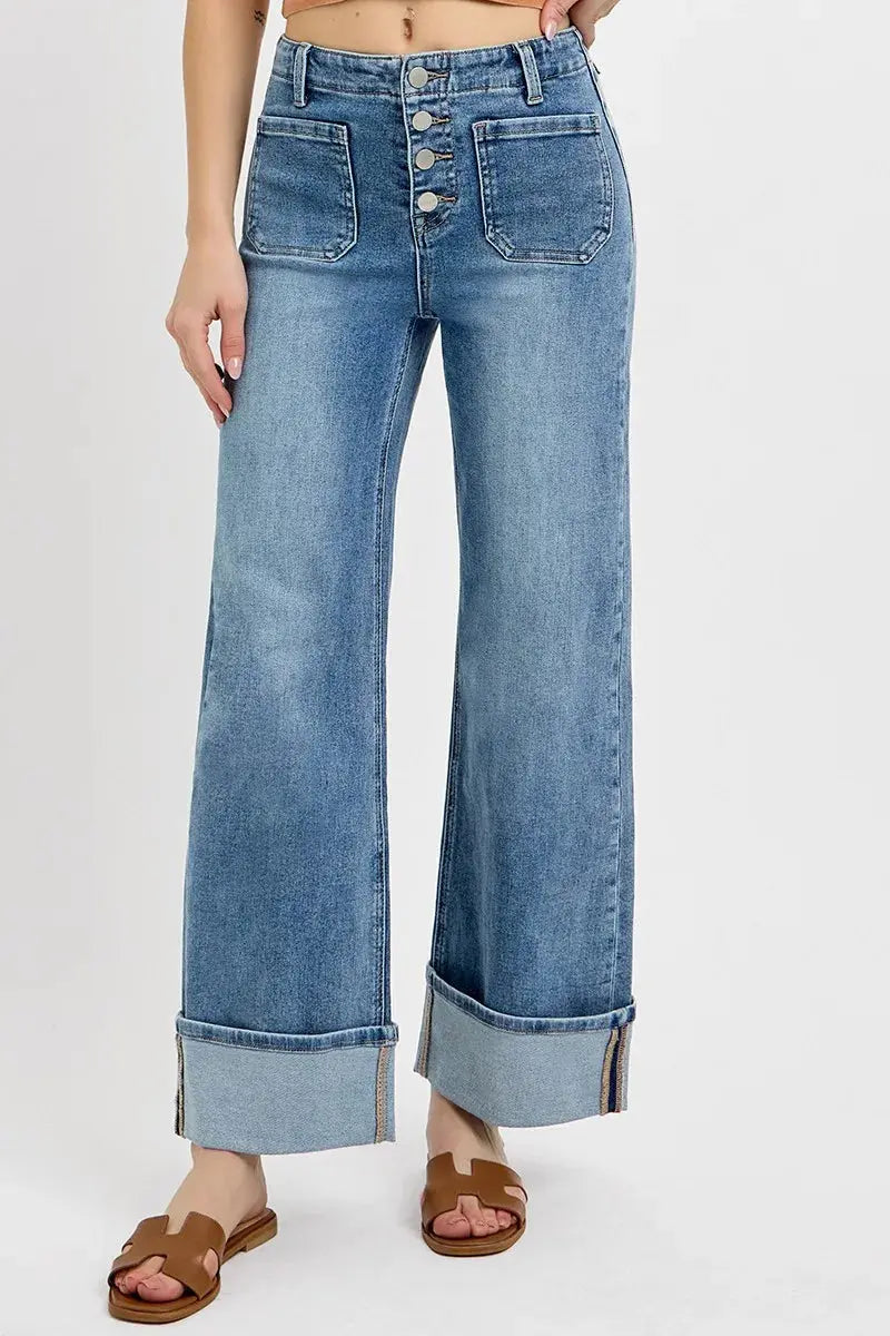 RISEN Jeans - High Rise Ankle Wide Button Patch Pocket Cuffed Jeans - Be Bliss Boutique