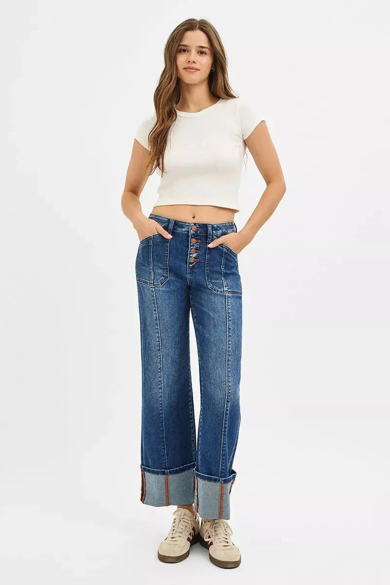 RISEN Jeans - Full Size High Rise Crop Wide Straight Cuffed Jeans - Be Bliss Boutique