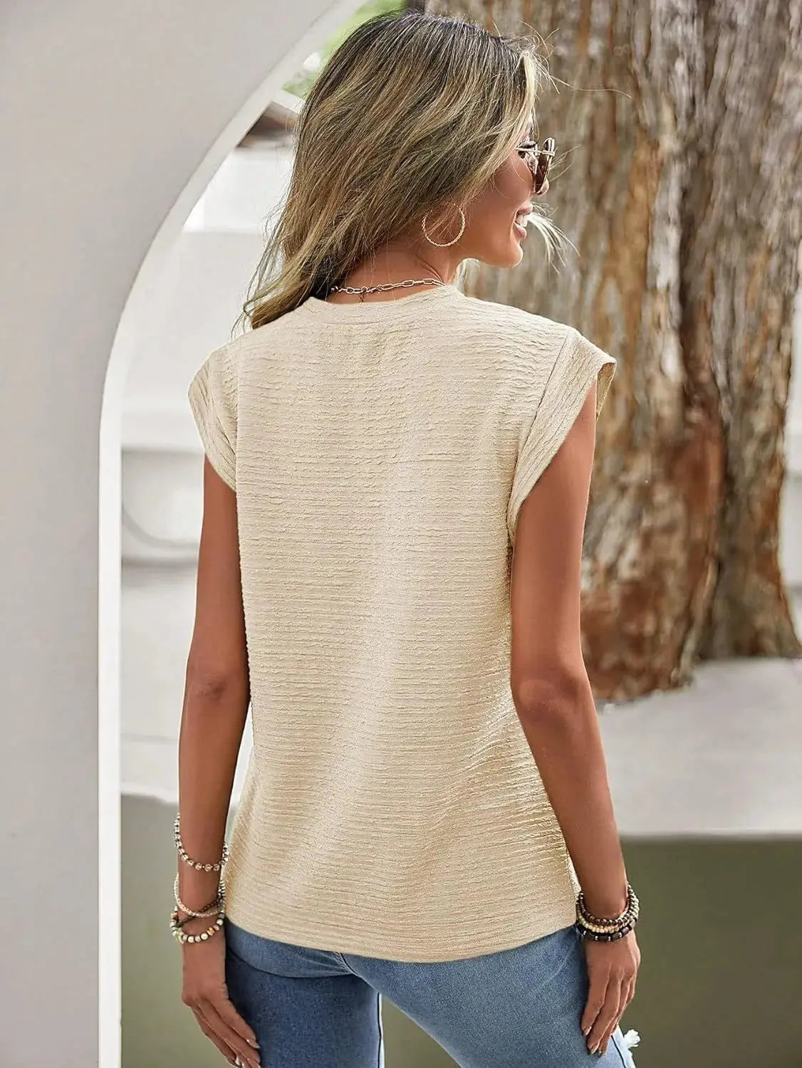 Textured Round Neck Cap Sleeve Top - Be Bliss Boutique