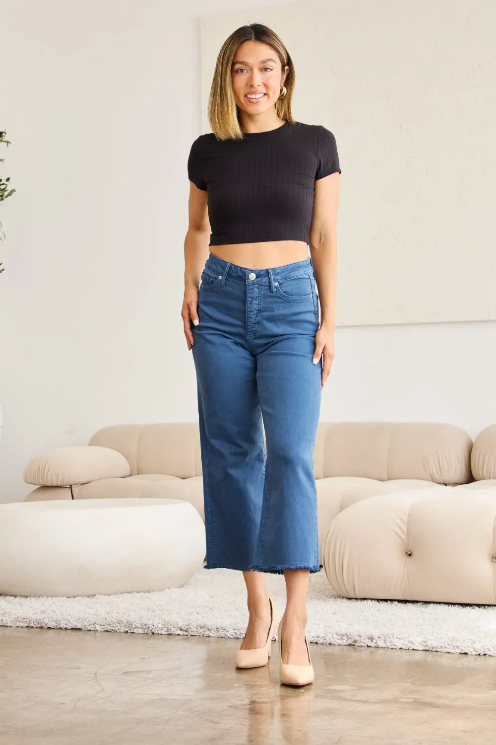 RFM Crop Full Size Tummy Control High Waist Raw Hem Jeans - Be Bliss Boutique