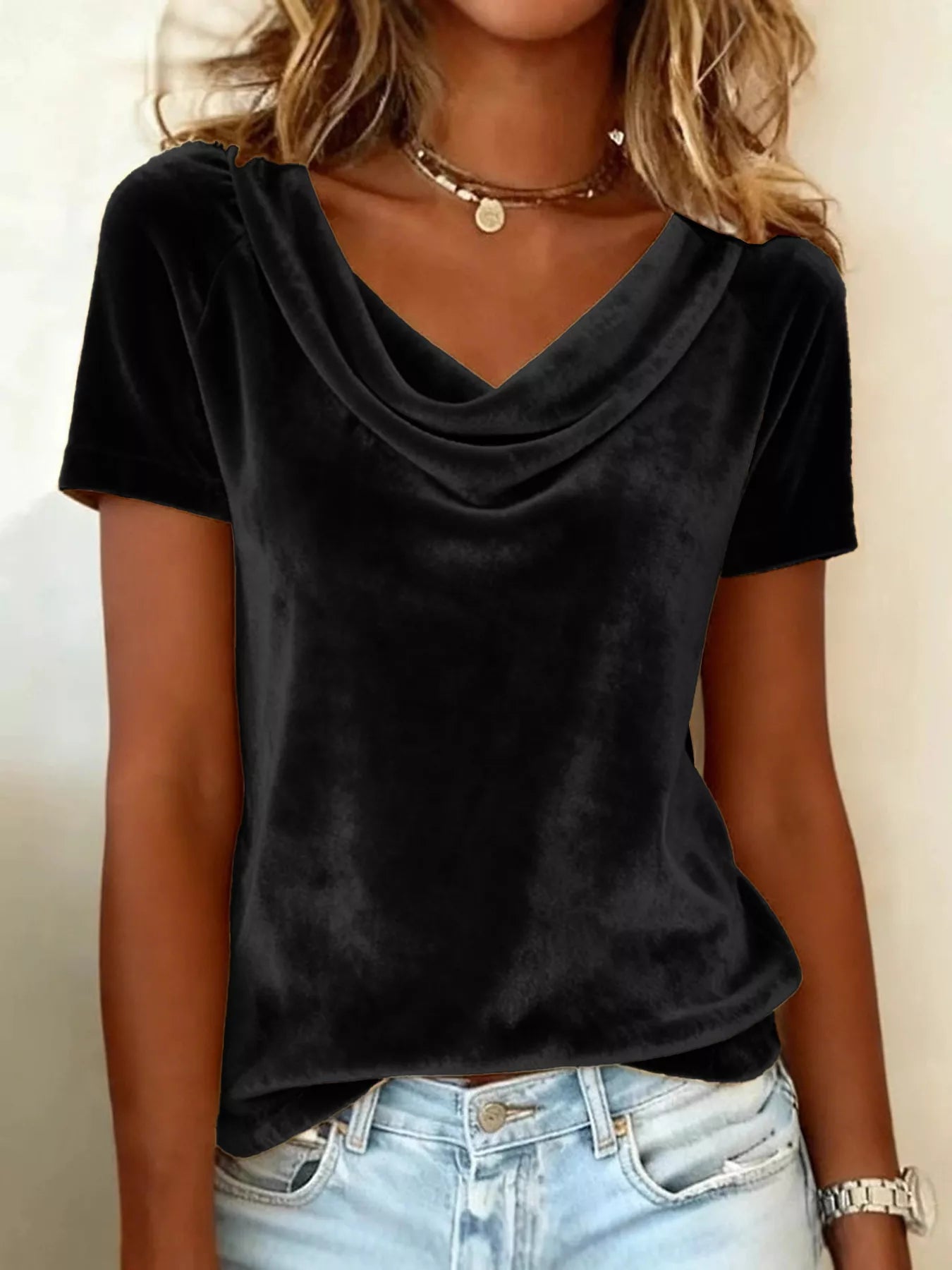 Velvet Cowl Neck Short Sleeve Top - Be Bliss Boutique