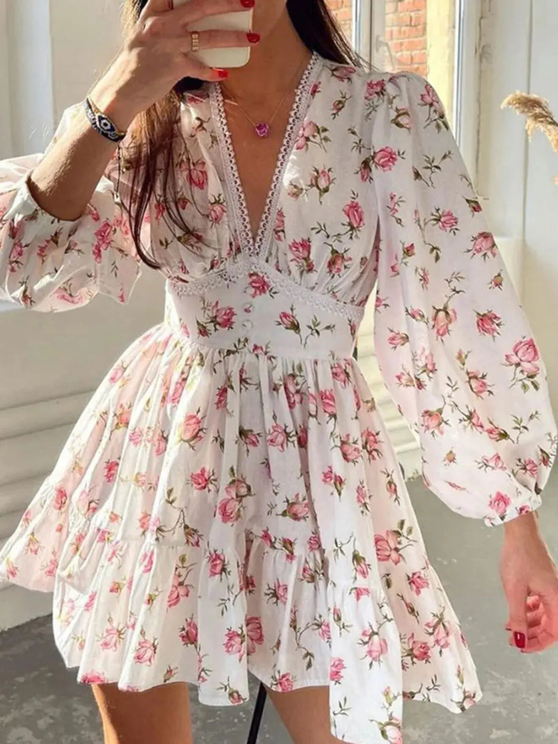 Lace Detail V Neck Balloon Sleeve Dress - Be Bliss Boutique