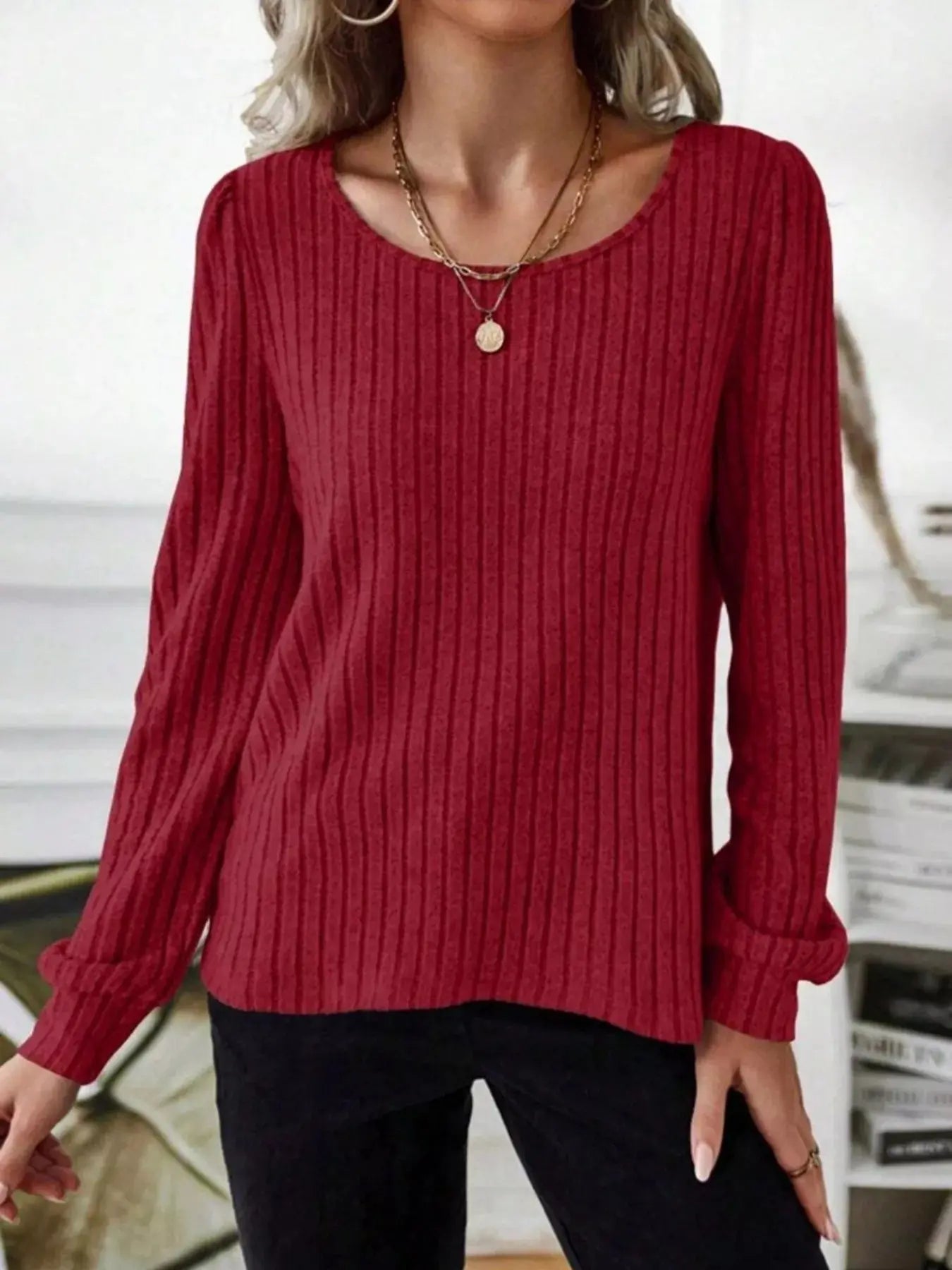 Ribbed Knit Long Sleeve T Shirt - Be Bliss Boutique