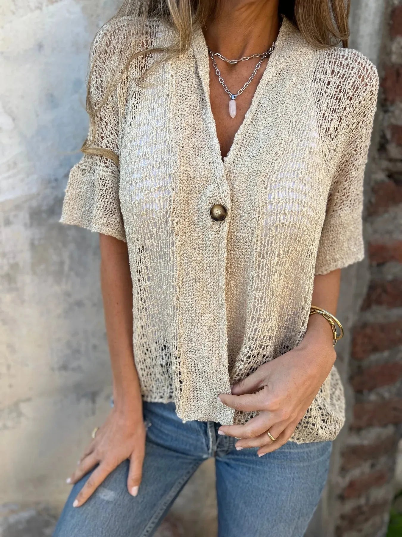 Full Size Knit Openwork One Button Cardigan - Be Bliss Boutique