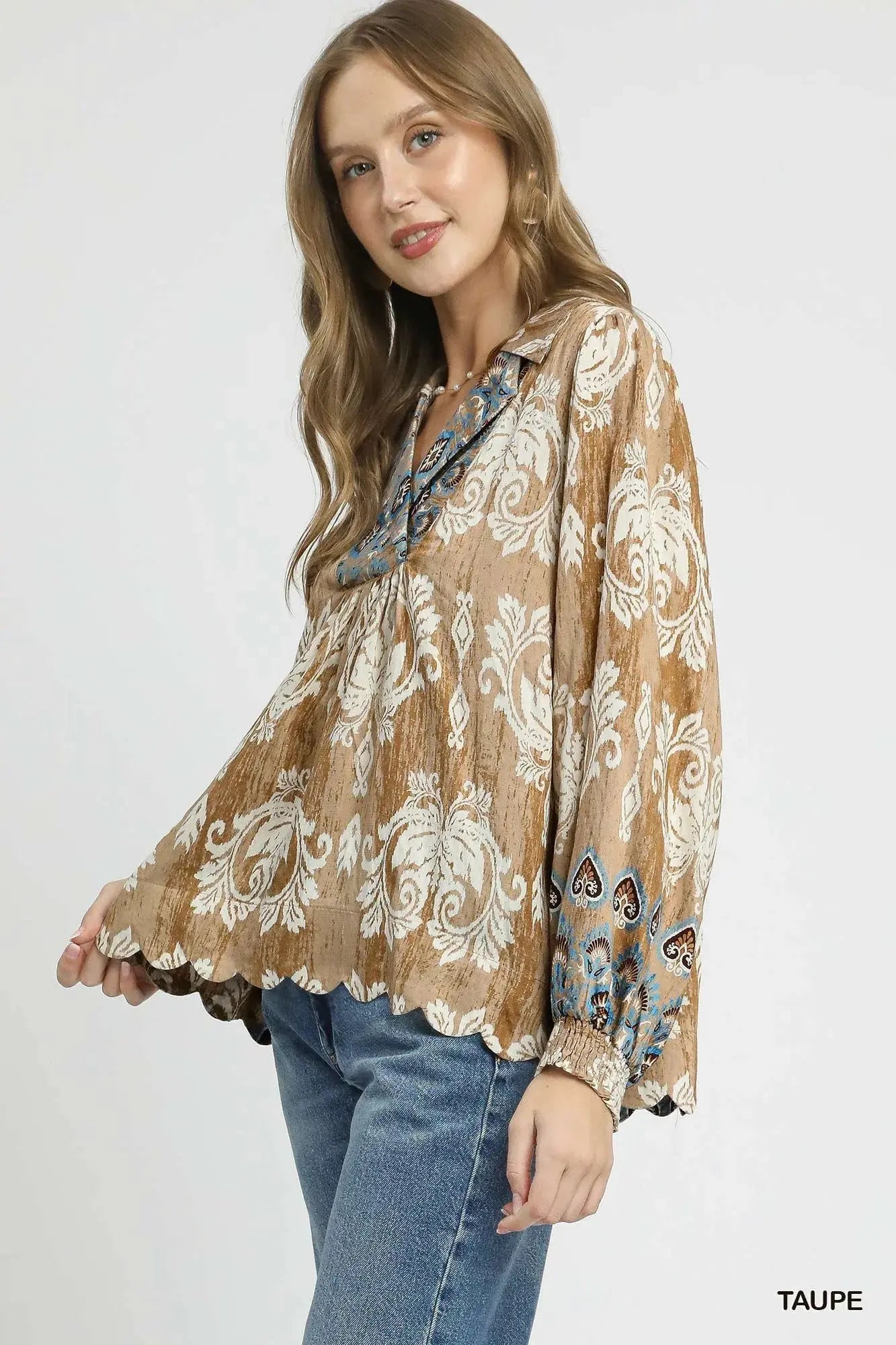 Umgee Floral Boho Blouse with Scalloped Hem - Be Bliss Boutique