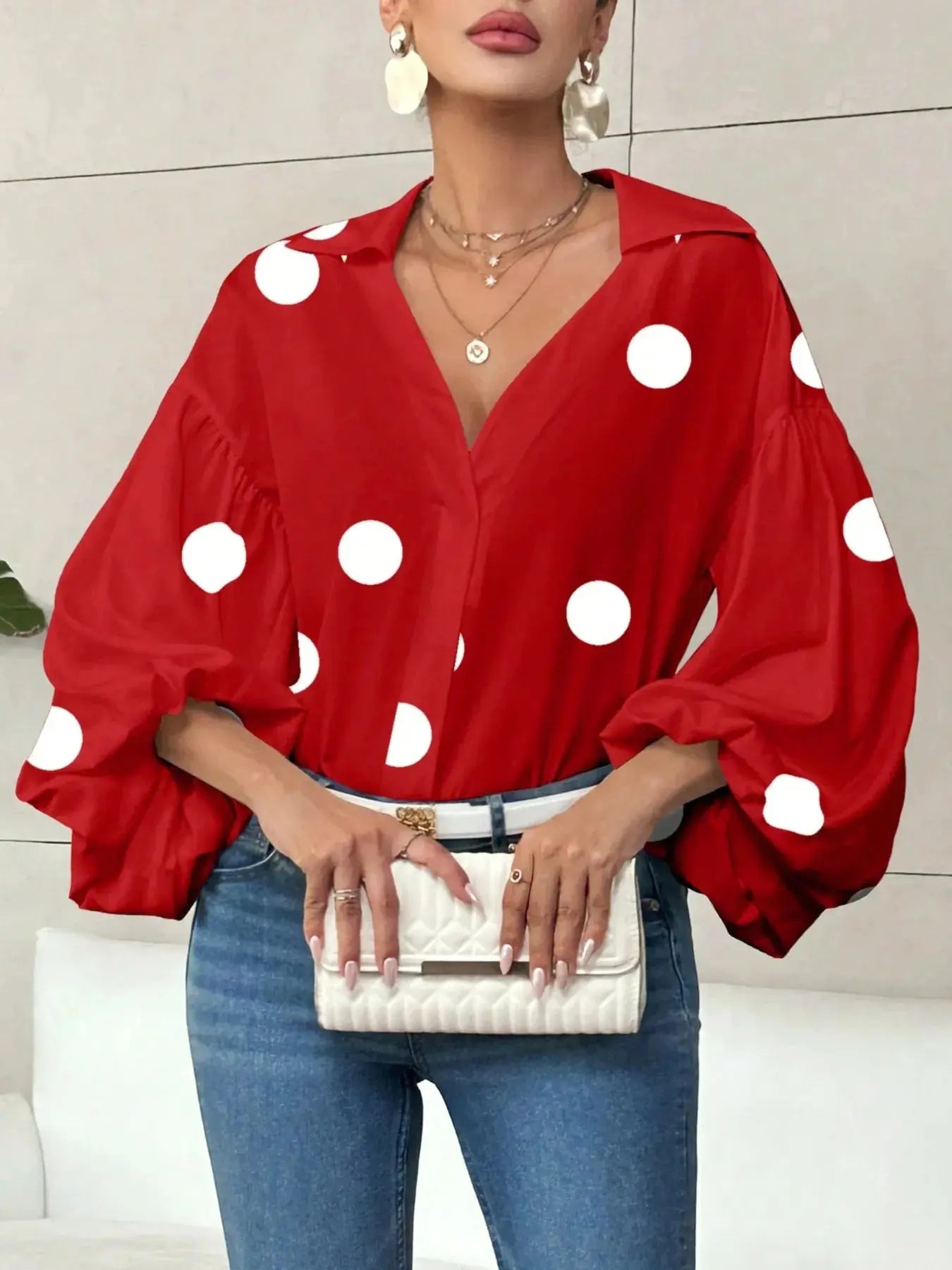 Oversized Polka Dot Balloon Sleeve Blouse - Be Bliss Boutique