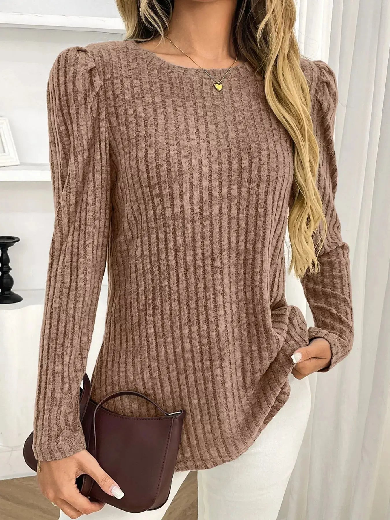 Round Neck Puff Sleeve T Shirt - Be Bliss Boutique