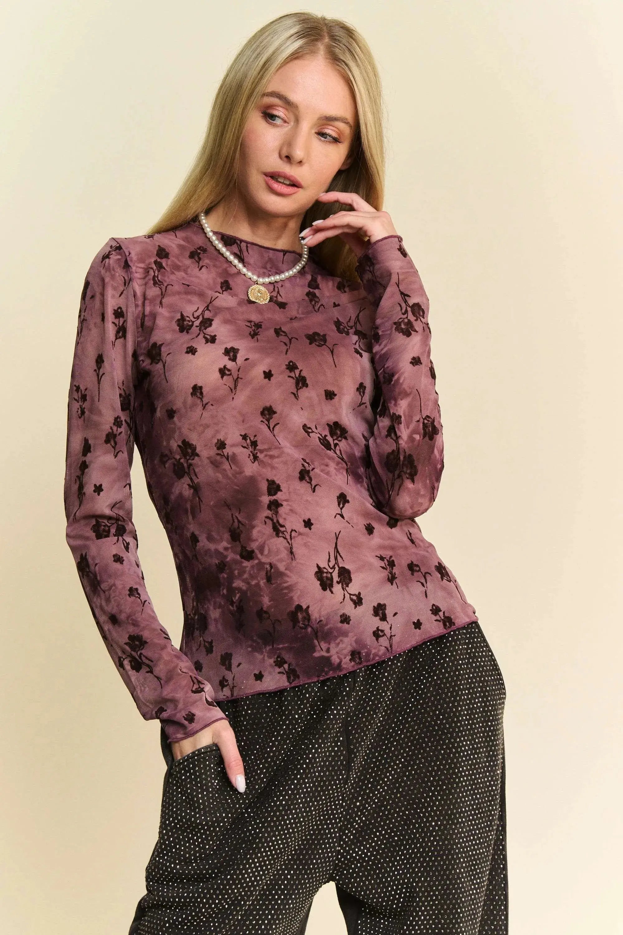 Davi & Dani Floral Mesh Long Sleeve Sheer Layering Top - Be Bliss Boutique