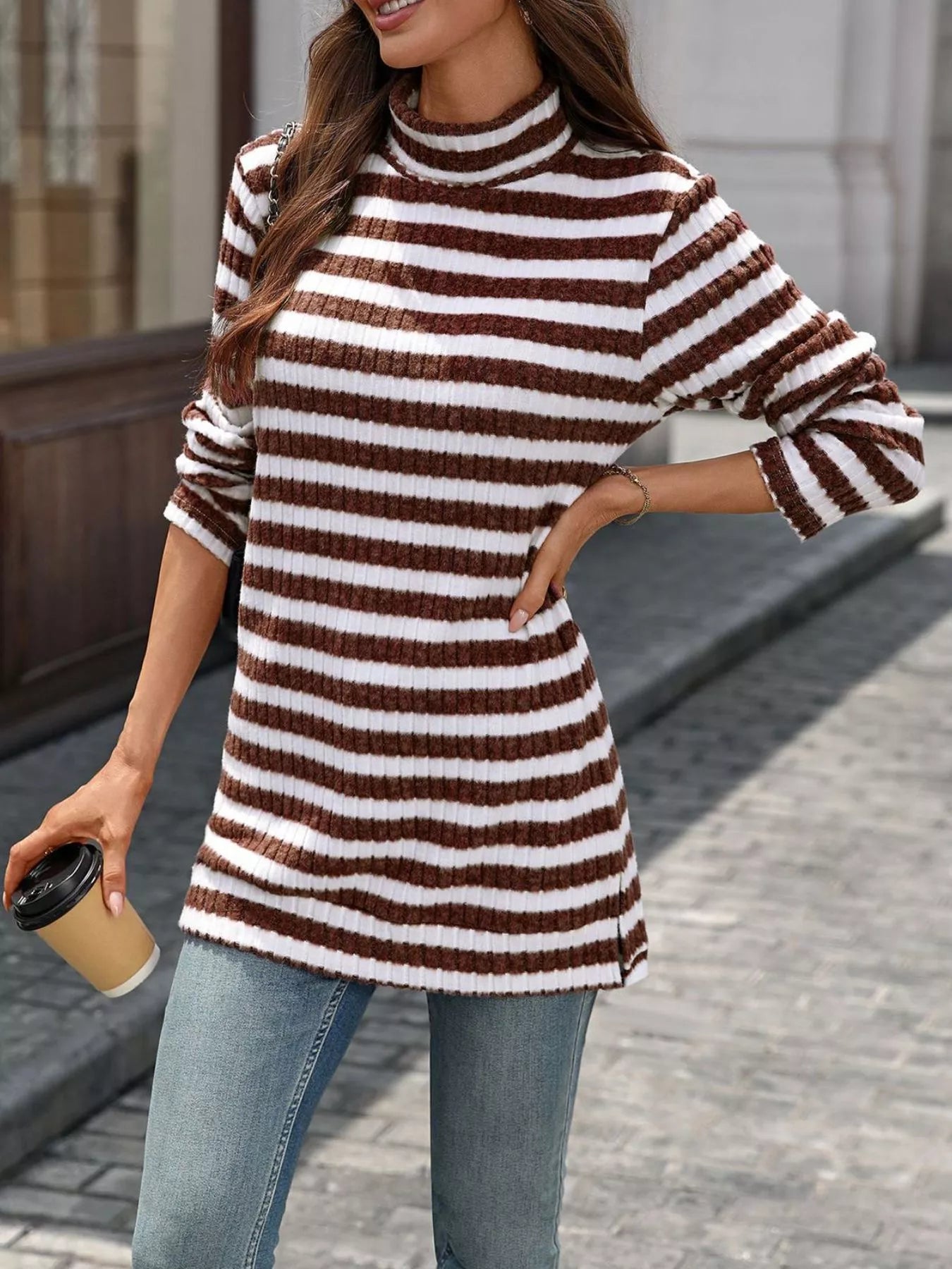 Striped Turtleneck Long Sleeve Knit Top - Be Bliss Boutique