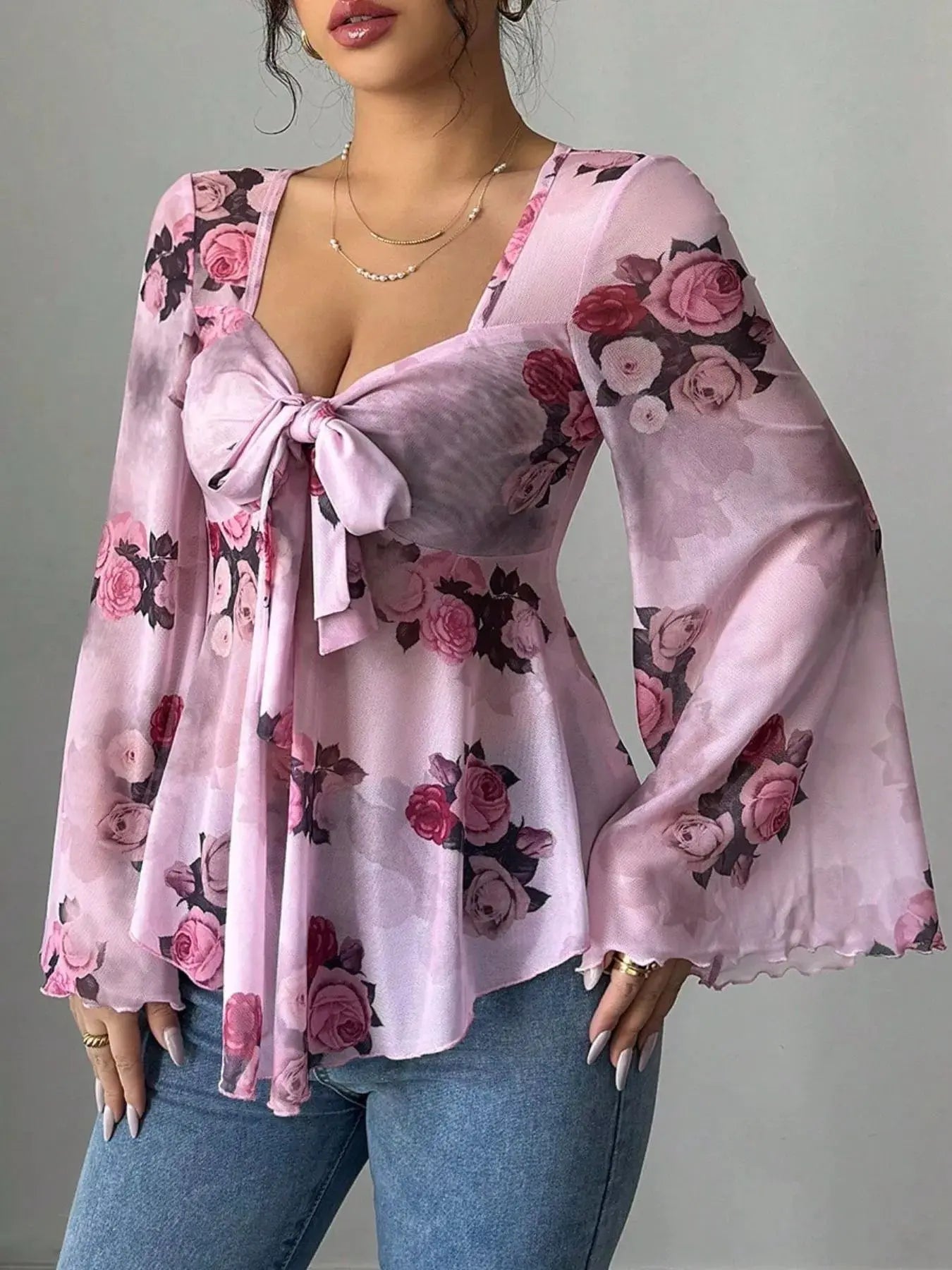 Floral Tie Front Flare Sleeve Blouse - Be Bliss Boutique