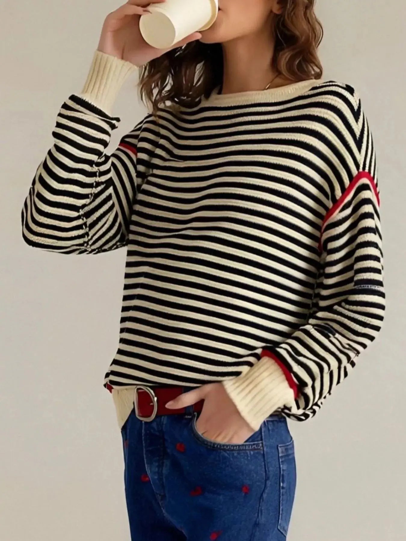Striped Round Neck Long Sleeve Sweater - Be Bliss Boutique