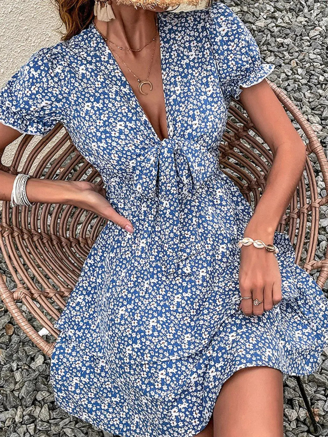 Blue Ditsy Floral Tie Front Mini Dress with Ruffled Flutter Sleeves - Be Bliss Boutique