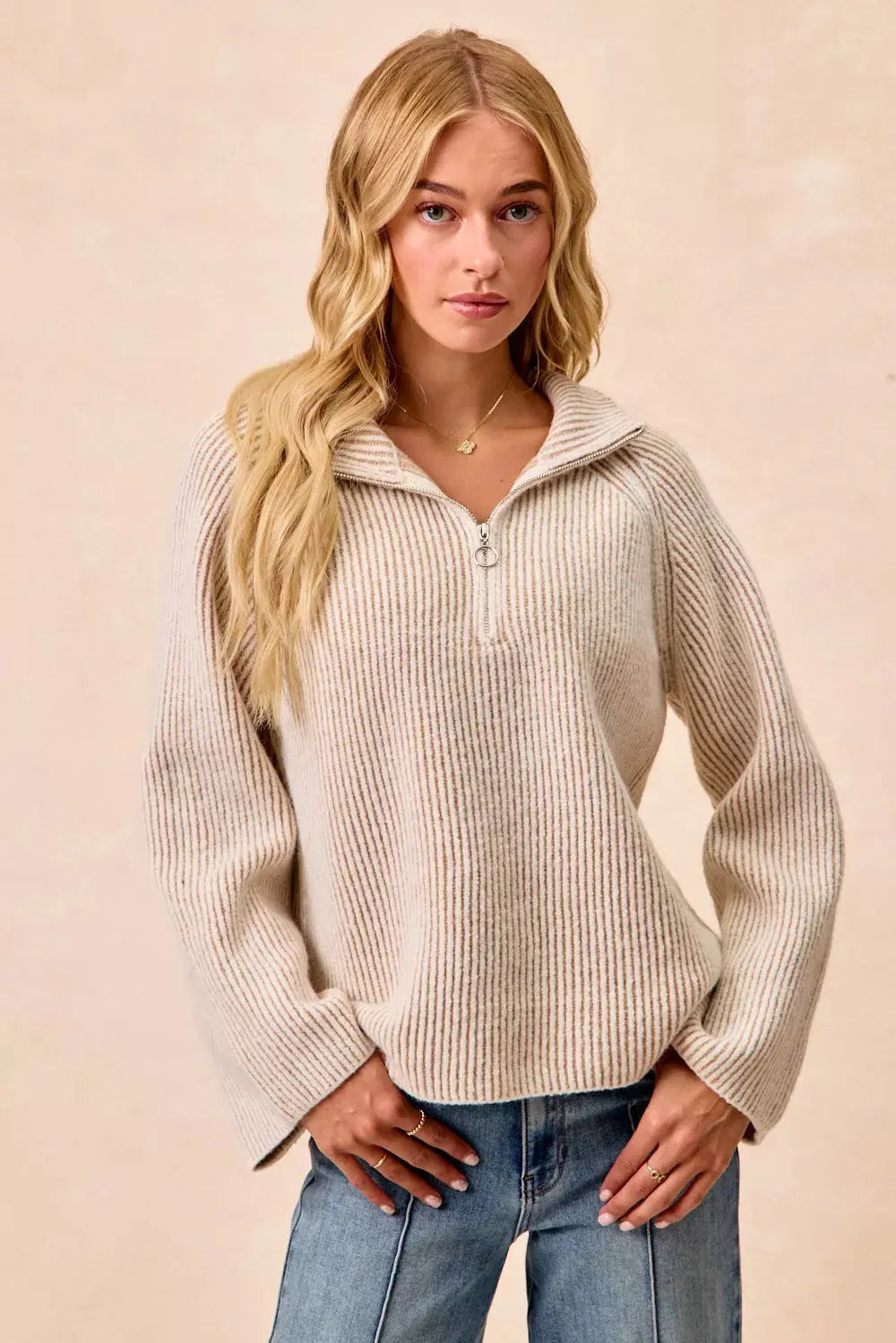BiBi Two Tone Ribbed Textured Knit Sweater with Zip Up Collar - Be Bliss Boutique