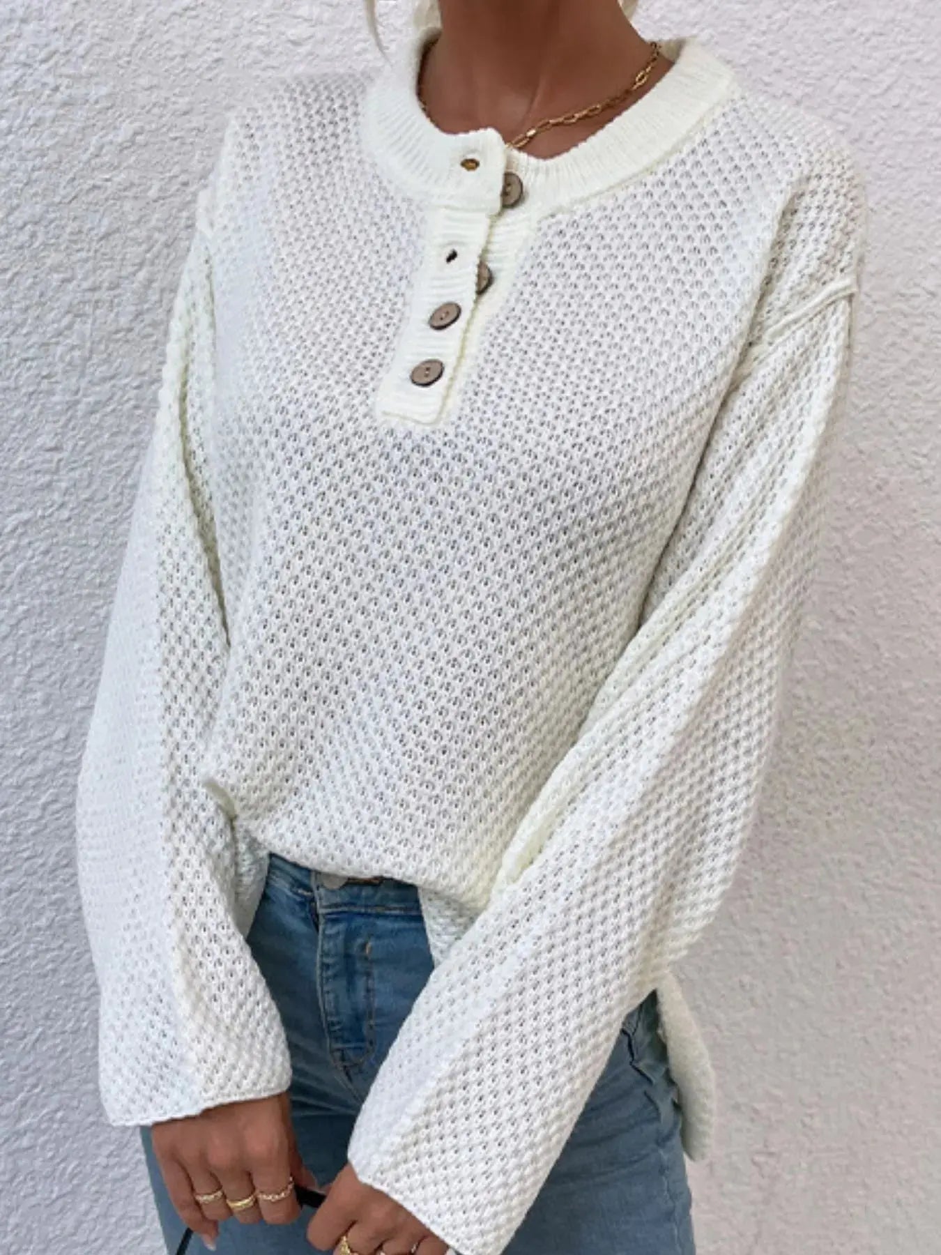 Waffle-Knit Button Detail Long Sleeve Knit Top - Be Bliss Boutique