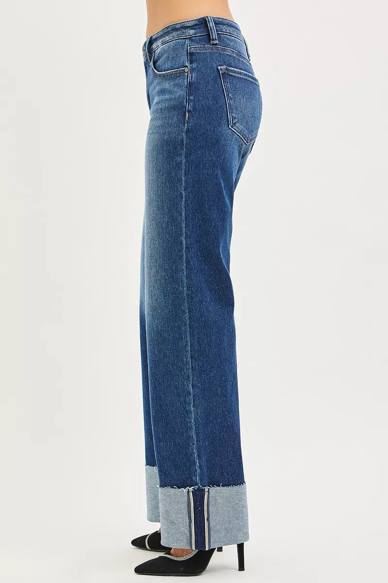 RISEN Jeans - Mid Rise Wide Straight Jeans With Wide Cuff - Be Bliss Boutique