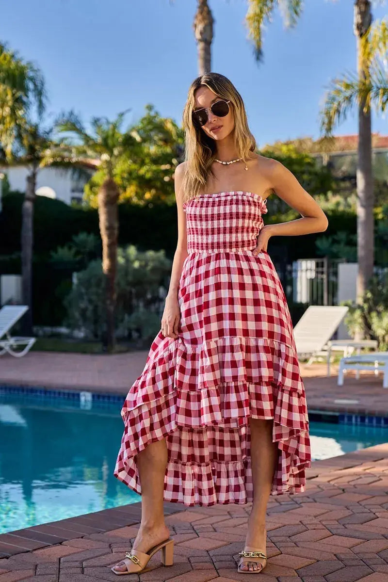BiBi Smocked Body Off Shoulder Check Dress (Red) - Be Bliss Boutique