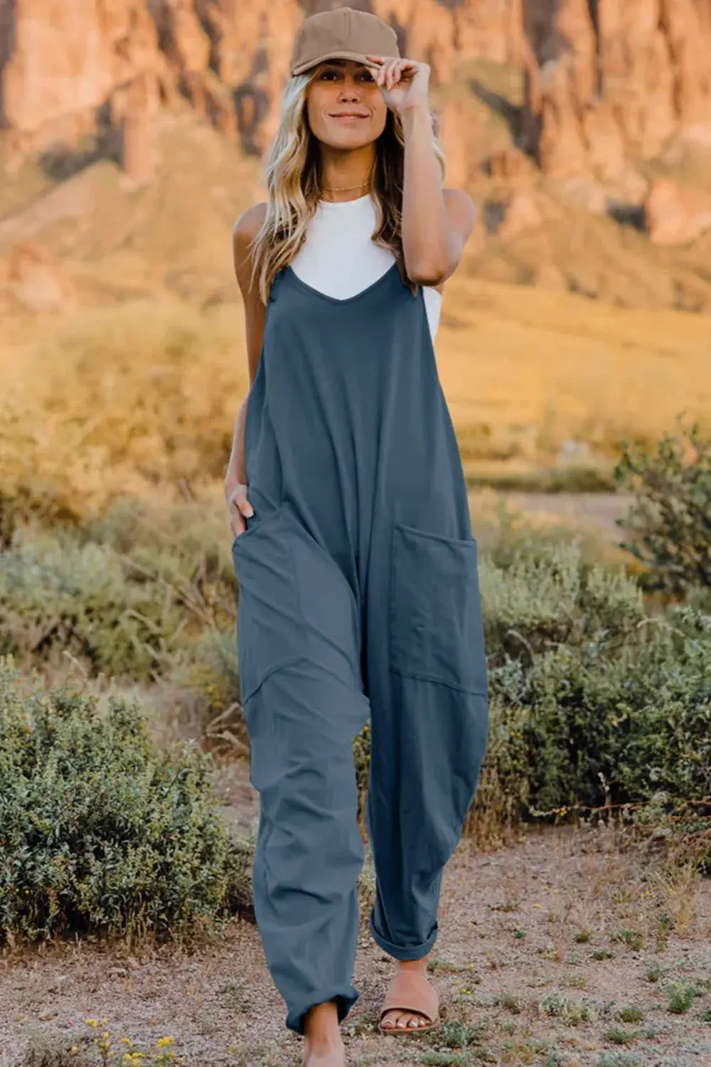 Double Take Full Size V-Neck Sleeveless Jumpsuit with Pockets - Be Bliss Boutique