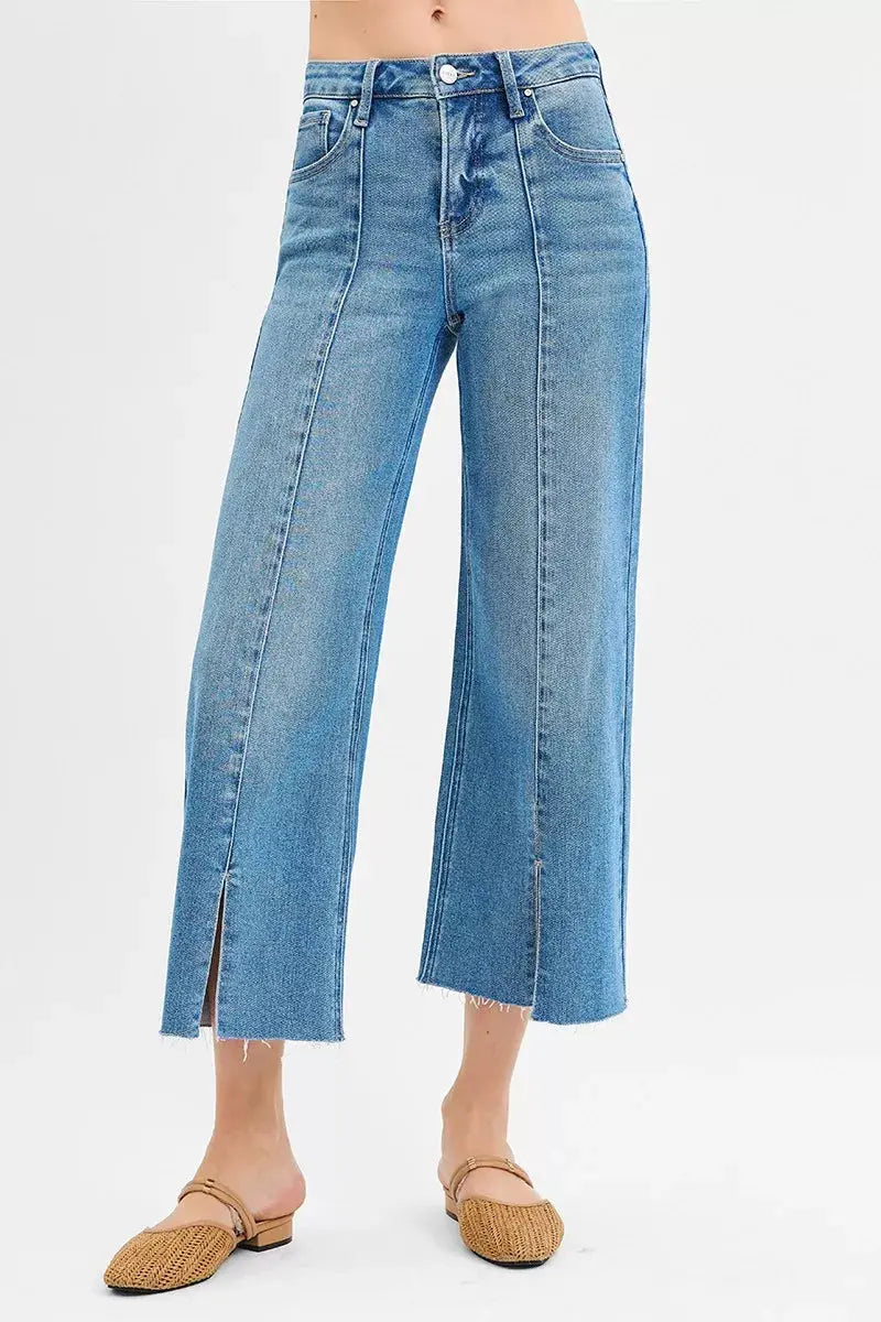 RISEN Jeans - Tummy Control Mid Rise Crop Wide Front Slit Jeans - Be Bliss Boutique