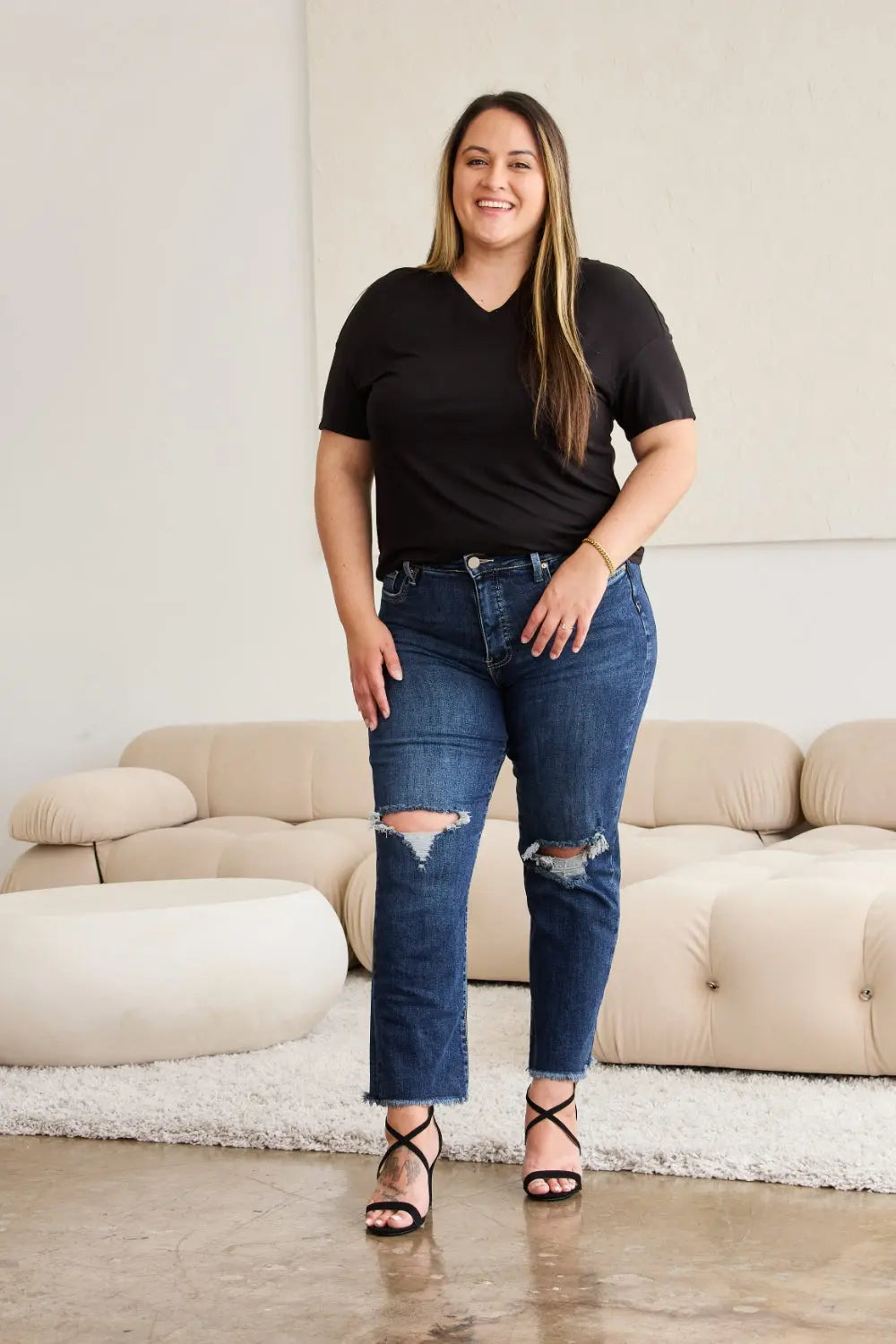 Full Size Tummy Control Distressed High Waist Raw Hem Jeans - Be Bliss Boutique