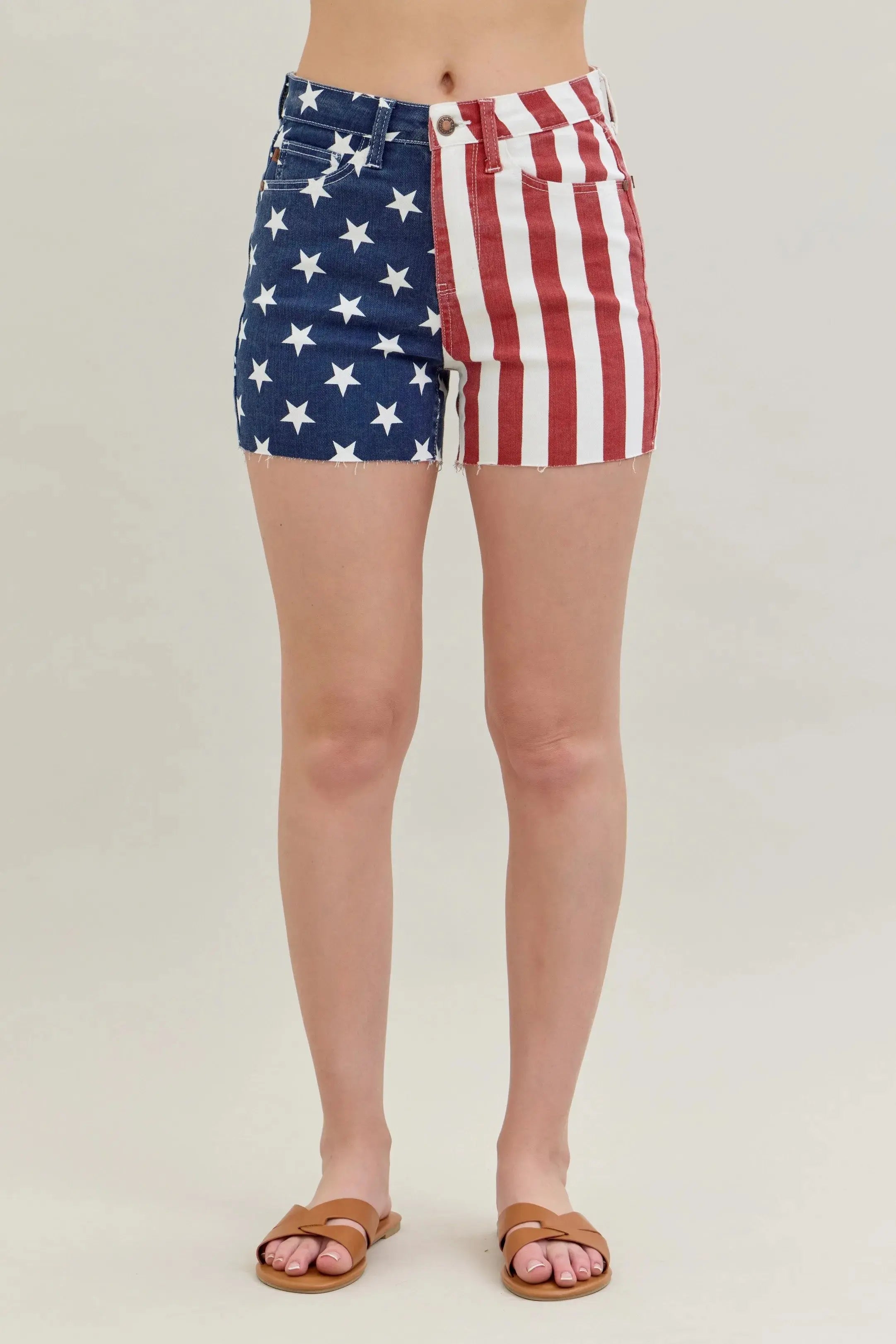 Judy Blue Jeans - Full Size High Waist Americana Flag Fray Hem Shorts - Be Bliss Boutique