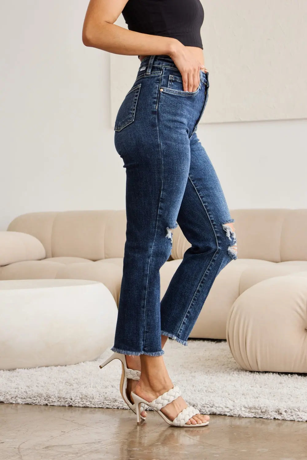 Full Size Tummy Control Distressed High Waist Raw Hem Jeans - Be Bliss Boutique