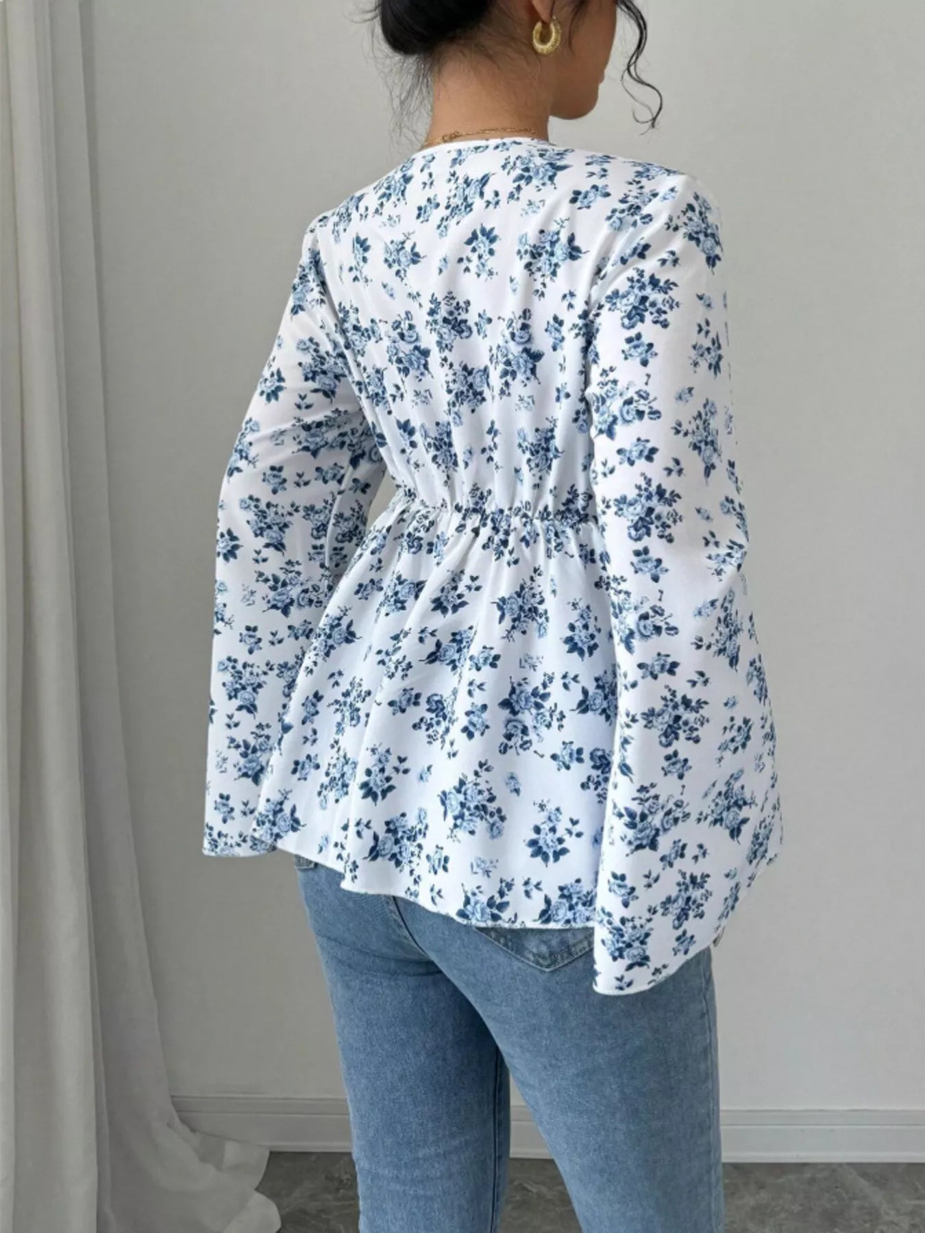 Floral Print V-Neck Long Sleeve Blouse - Be Bliss Boutique