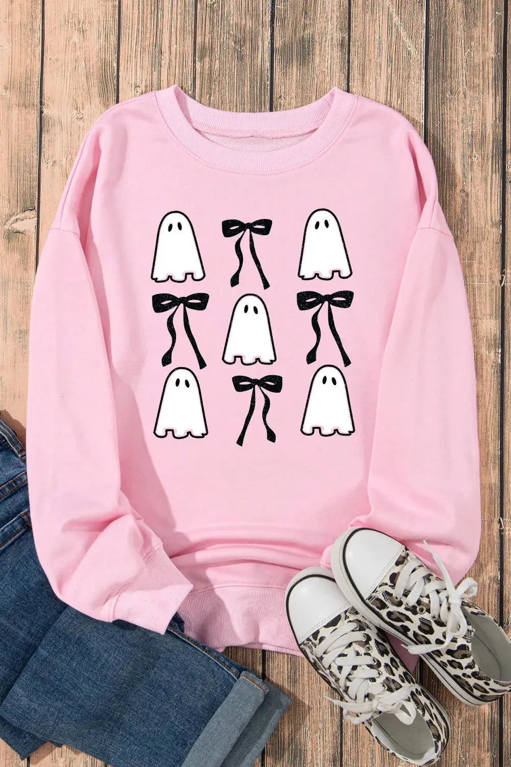 Ghost & Bow Round Neck Halloween Long Sleeve Womens Sweatshirt - Be Bliss Boutique