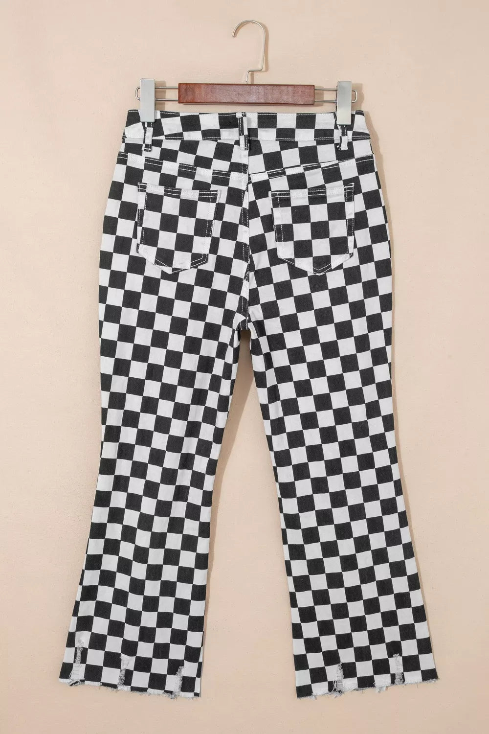 Checkerboard Print Distressed Holes Raw Edge Cropped Jeans - Be Bliss Boutique