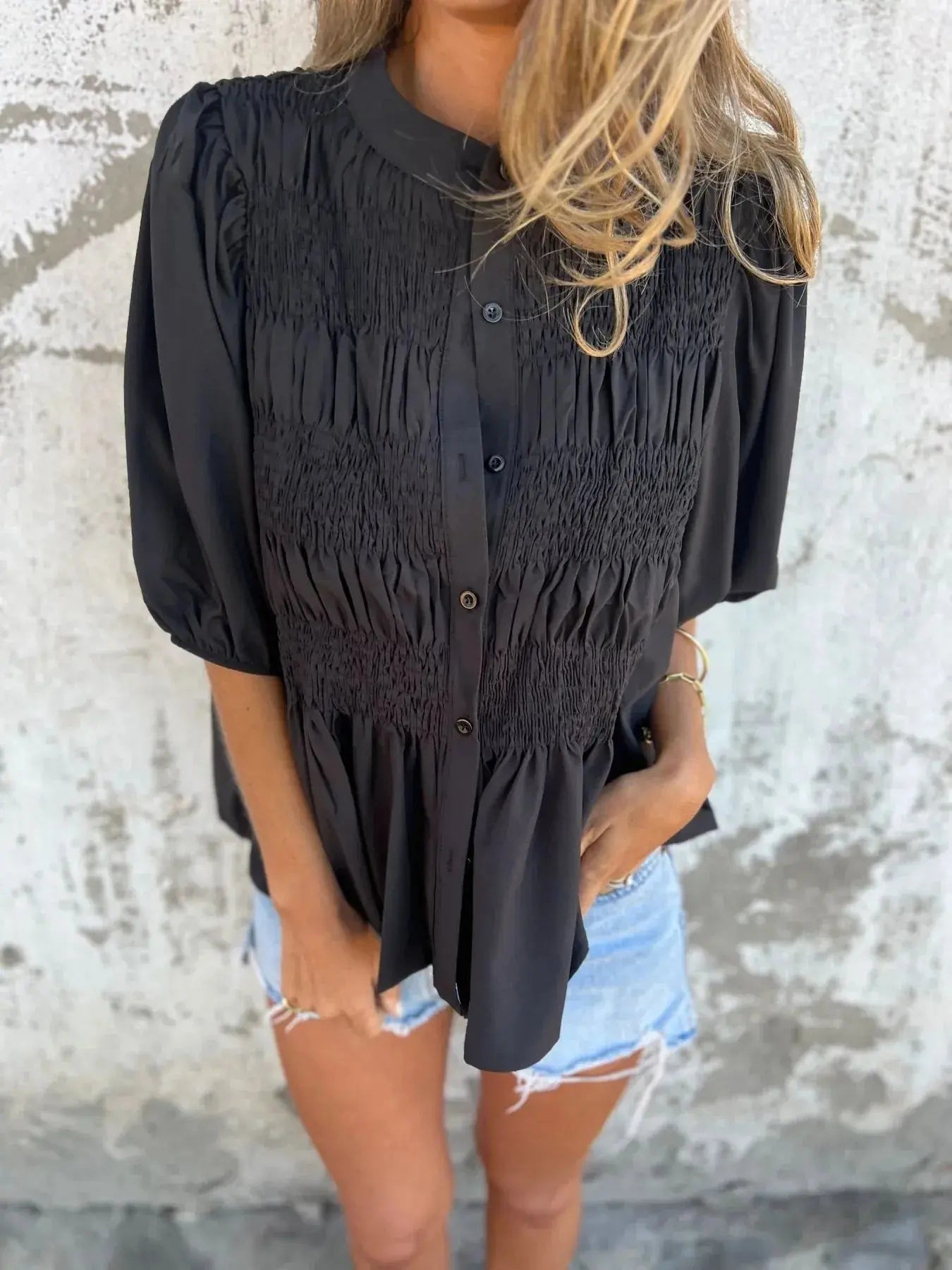 Full Size Red Smocked Button Puff Sleeve Blouse – Plus Size - Be Bliss Boutique
