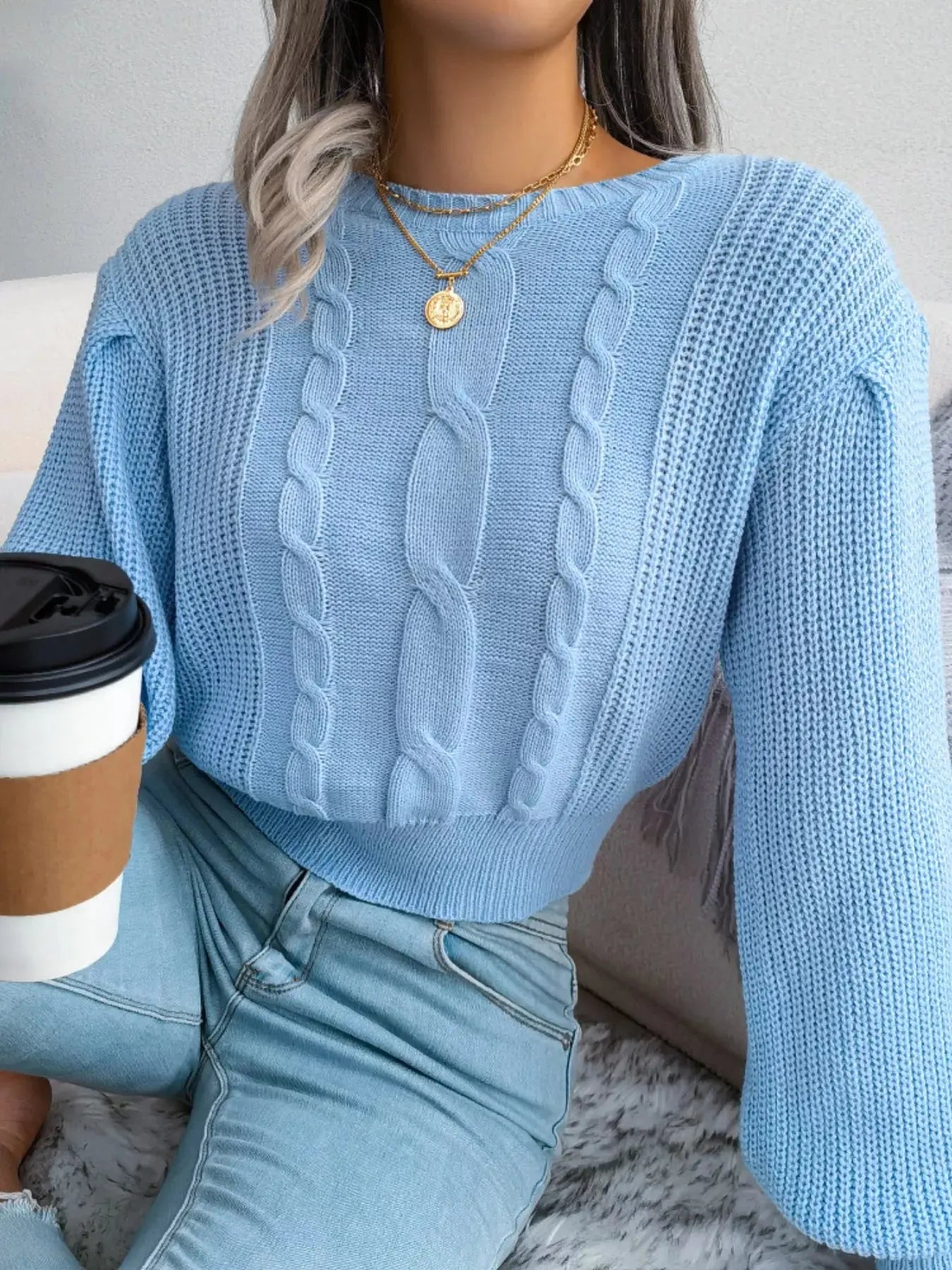 Cable Knit Crew Neck Cropped Sweater - Be Bliss Boutique