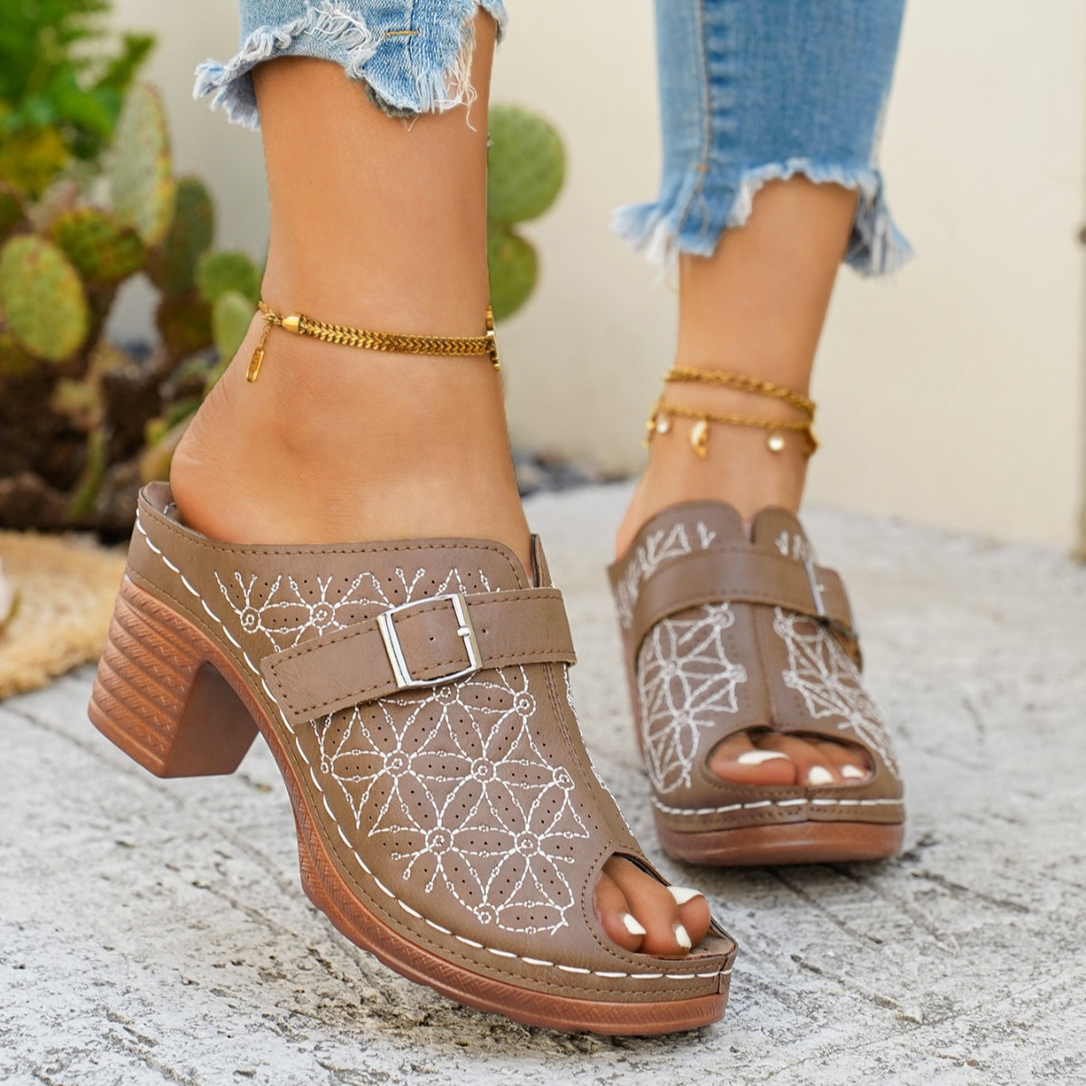 Buckle Decor Block Heel Sandals - Be Bliss Boutique