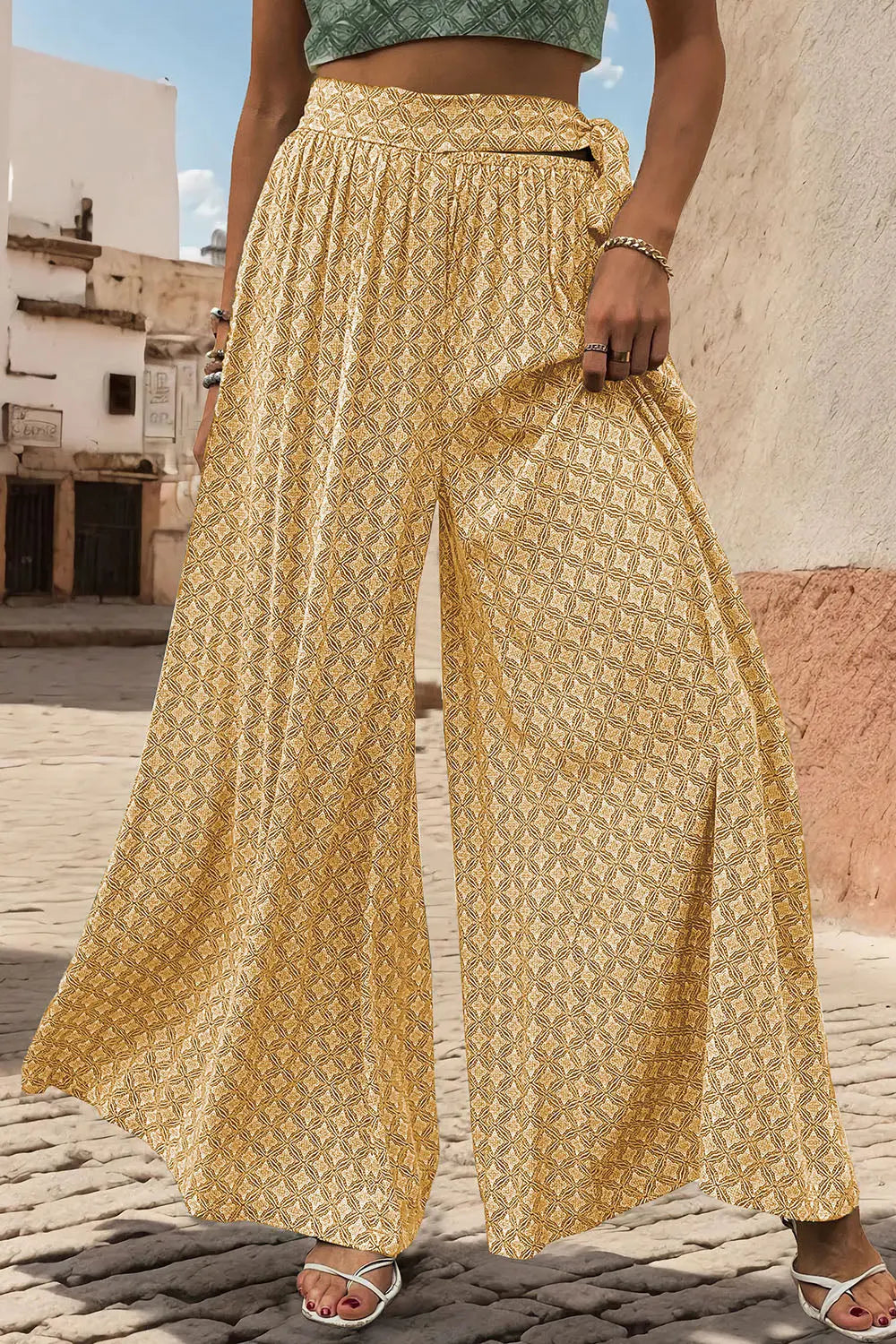 Printed Tied Wide Leg Pants - Be Bliss Boutique