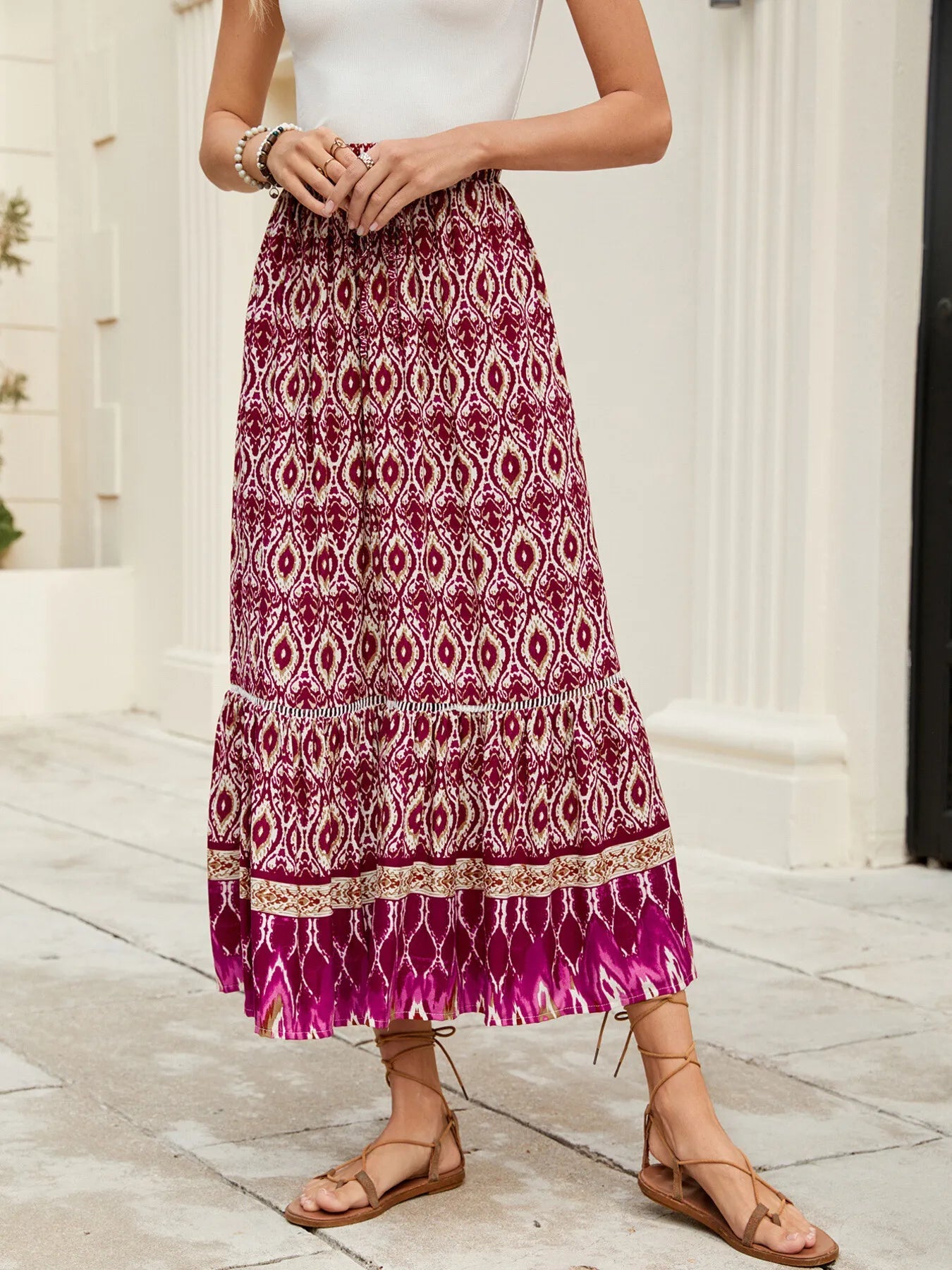 Printed Ruched Bohemian Maxi Skirt - Be Bliss Boutique