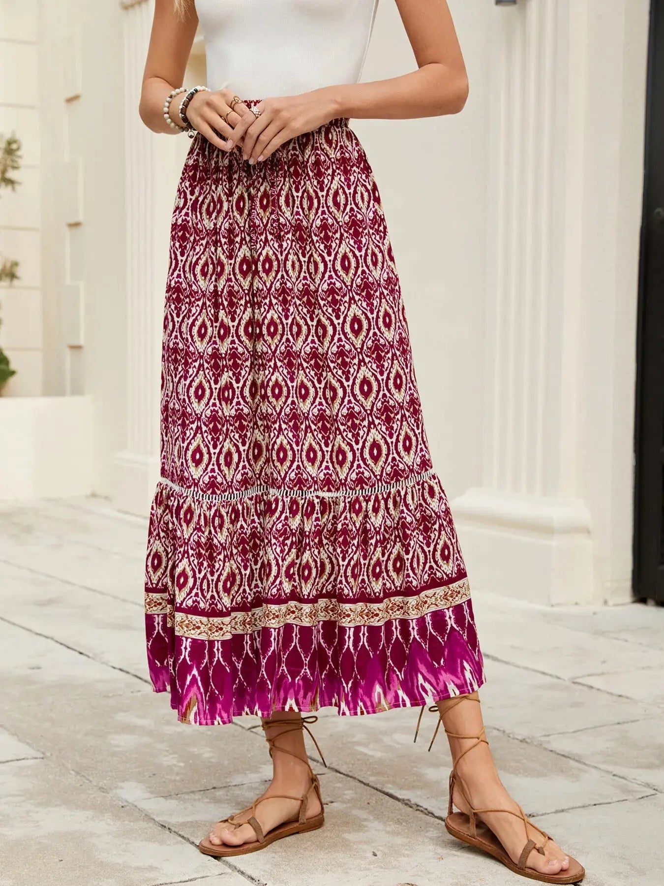Printed Ruched Bohemian Maxi Skirt - Be Bliss Boutique