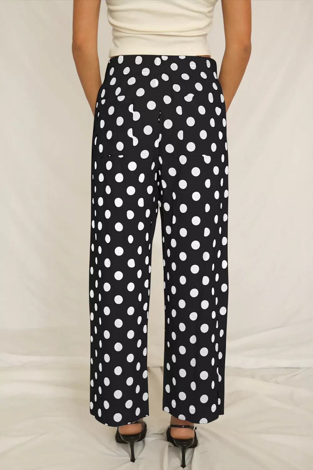 Polka Dot Print Patched Pocket Mid Rise Straight Leg Pants - Be Bliss Boutique