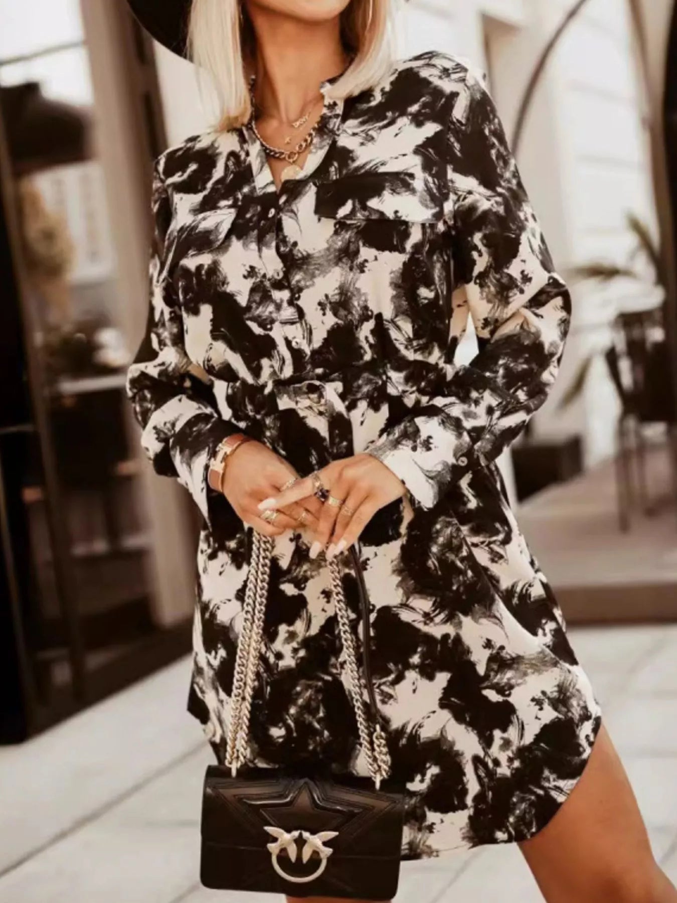 Printed Button Front Long Sleeve Dress - Be Bliss Boutique