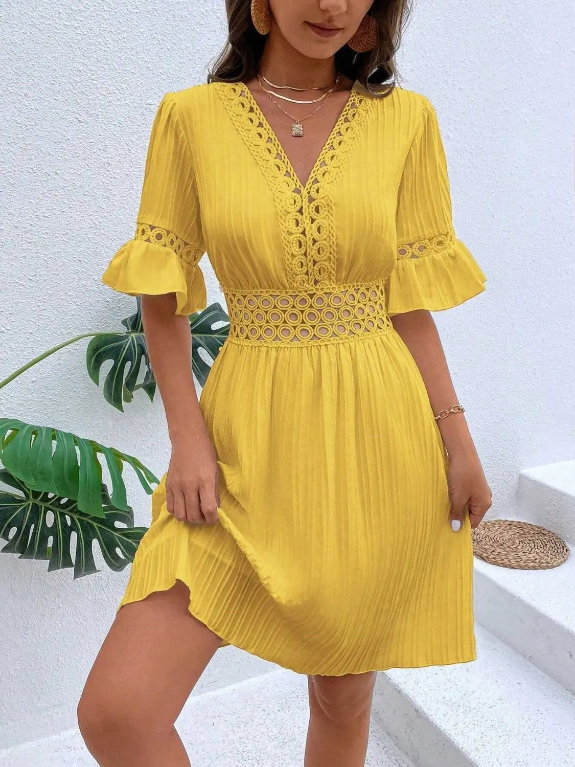 Cutout V-Neck Flounce Sleeve Mini Dress - Be Bliss Boutique