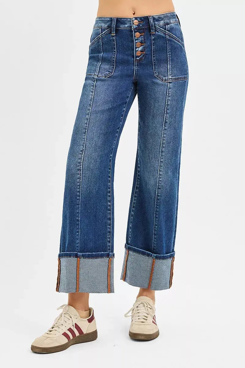 RISEN Jeans - Full Size High Rise Crop Wide Straight Cuffed Jeans - Be Bliss Boutique