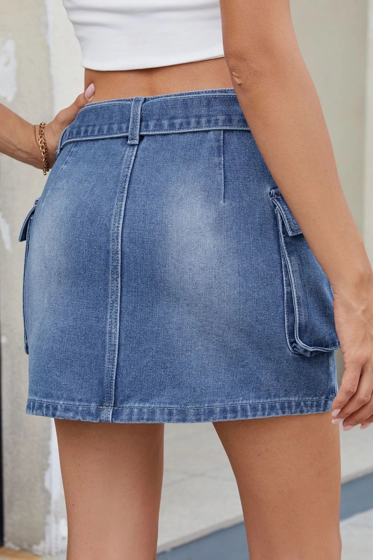 Criss-Cross Waist Pocketed Denim Mini Skirt - Be Bliss Boutique
