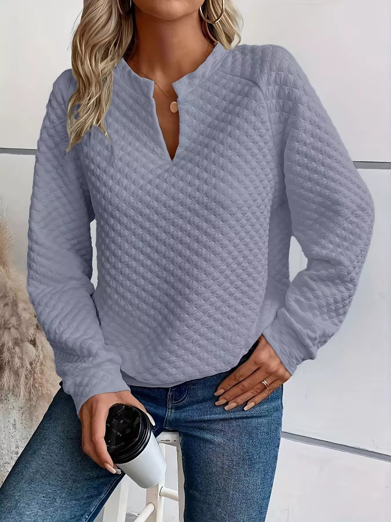 Notched Raglan Sleeve Sweatshirt -  Be Bliss Boutique