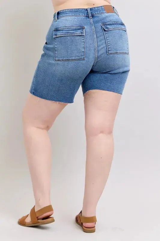 Judy Blue Jeans - Full Size Mid Rise Bermuda Denim Shorts w/ Back Flap Pockets - Be Bliss Boutique