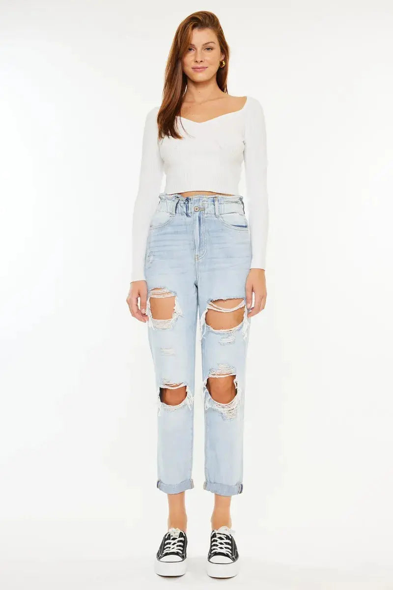 Open Pack Paperbag Distressed Kancan Mom Jeans - Be Bliss Boutique